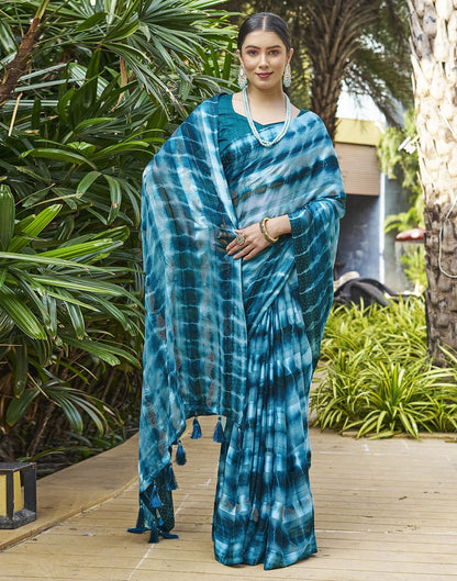 Teal Blue Printed Chiffon Saree