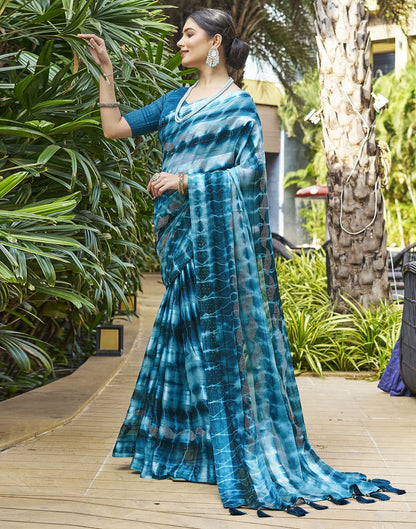 Teal Blue Printed Chiffon Saree