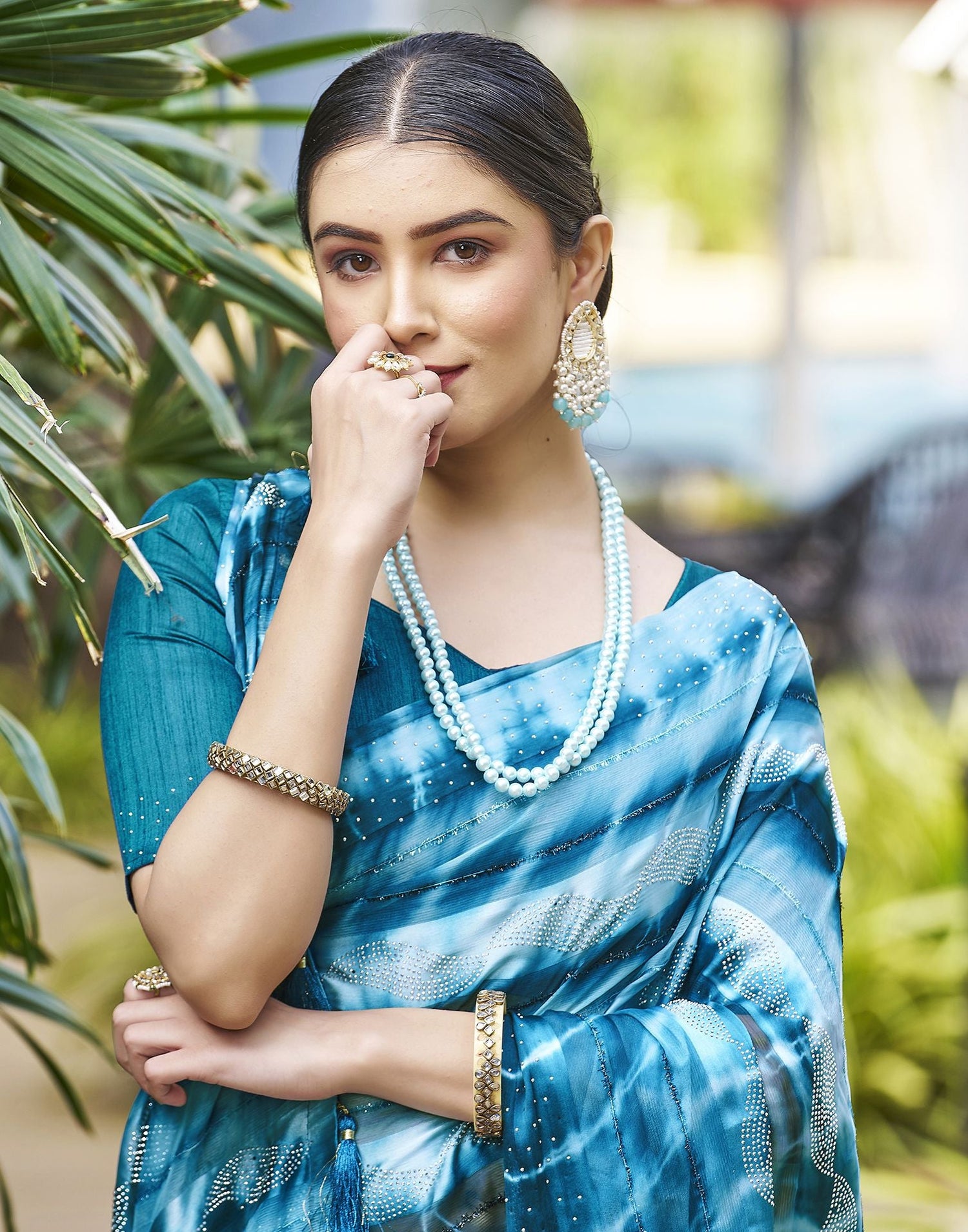 Teal Blue Printed Chiffon Saree