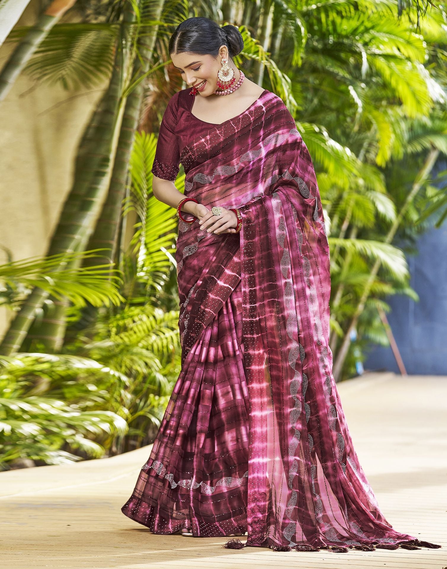 Maroon Printed Chiffon Saree