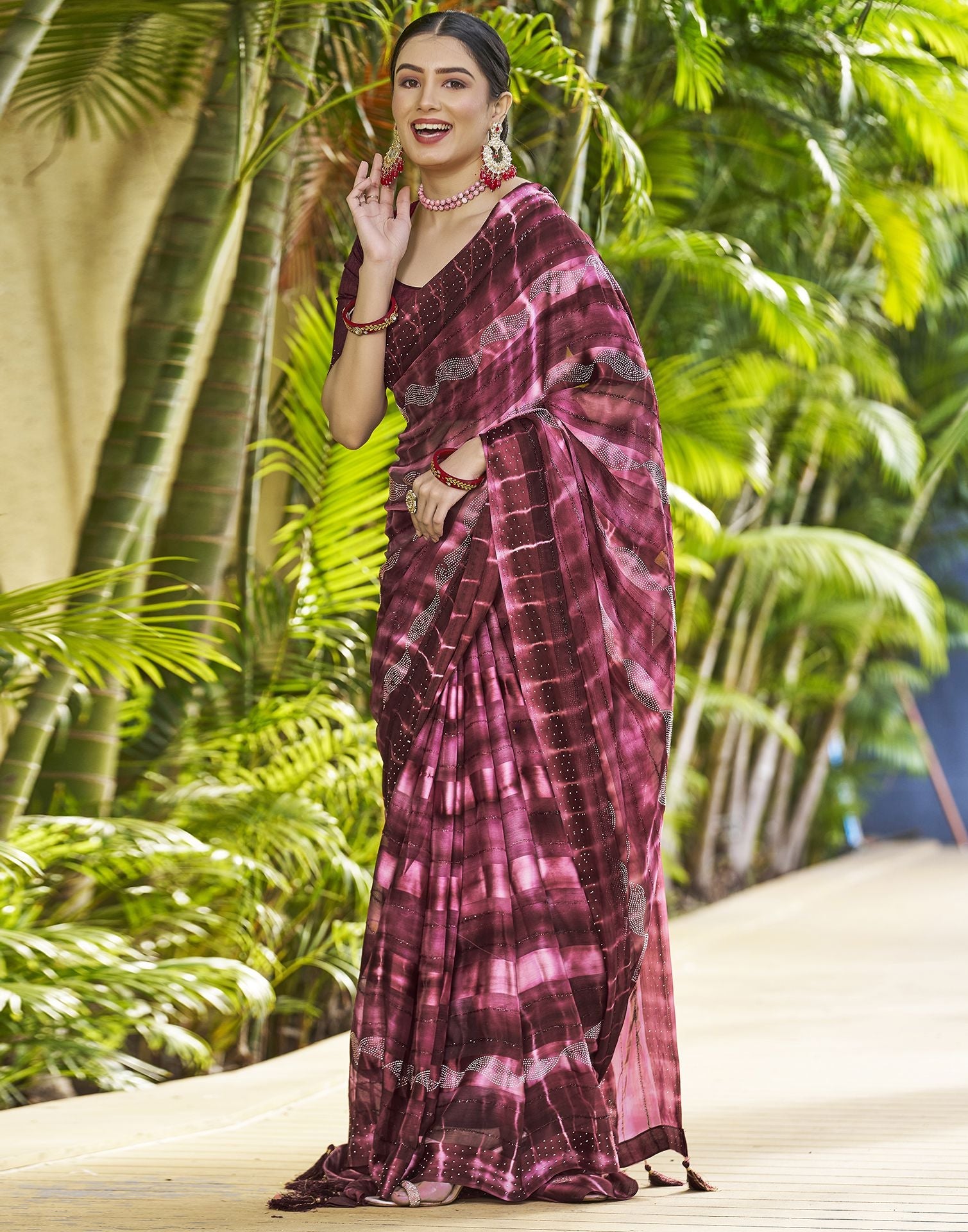 Maroon Printed Chiffon Saree