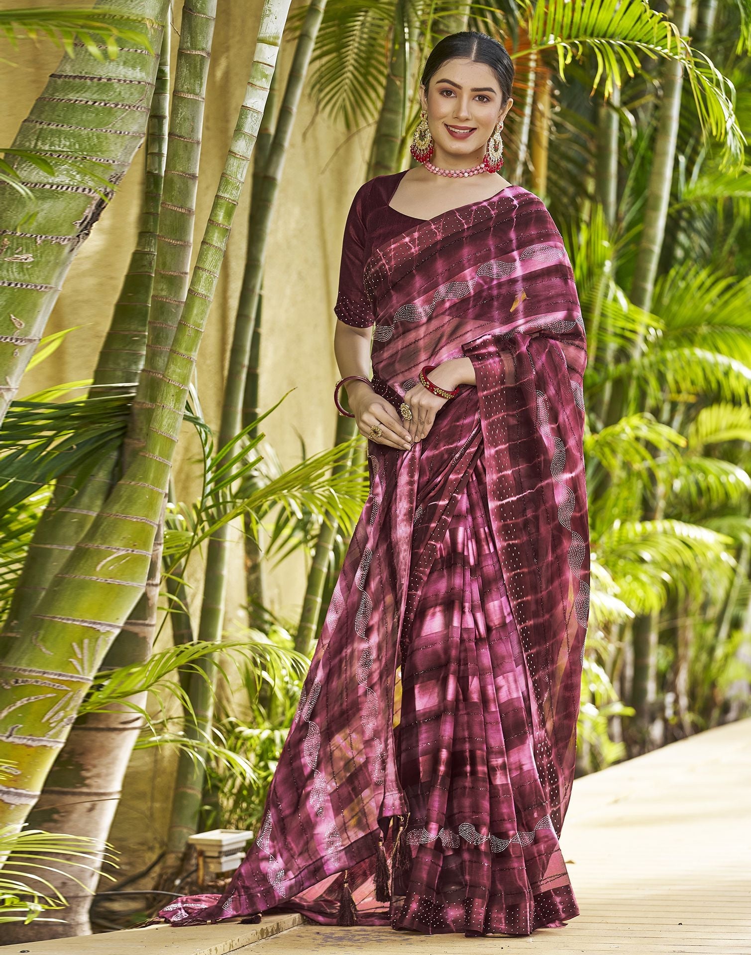 Maroon Printed Chiffon Saree