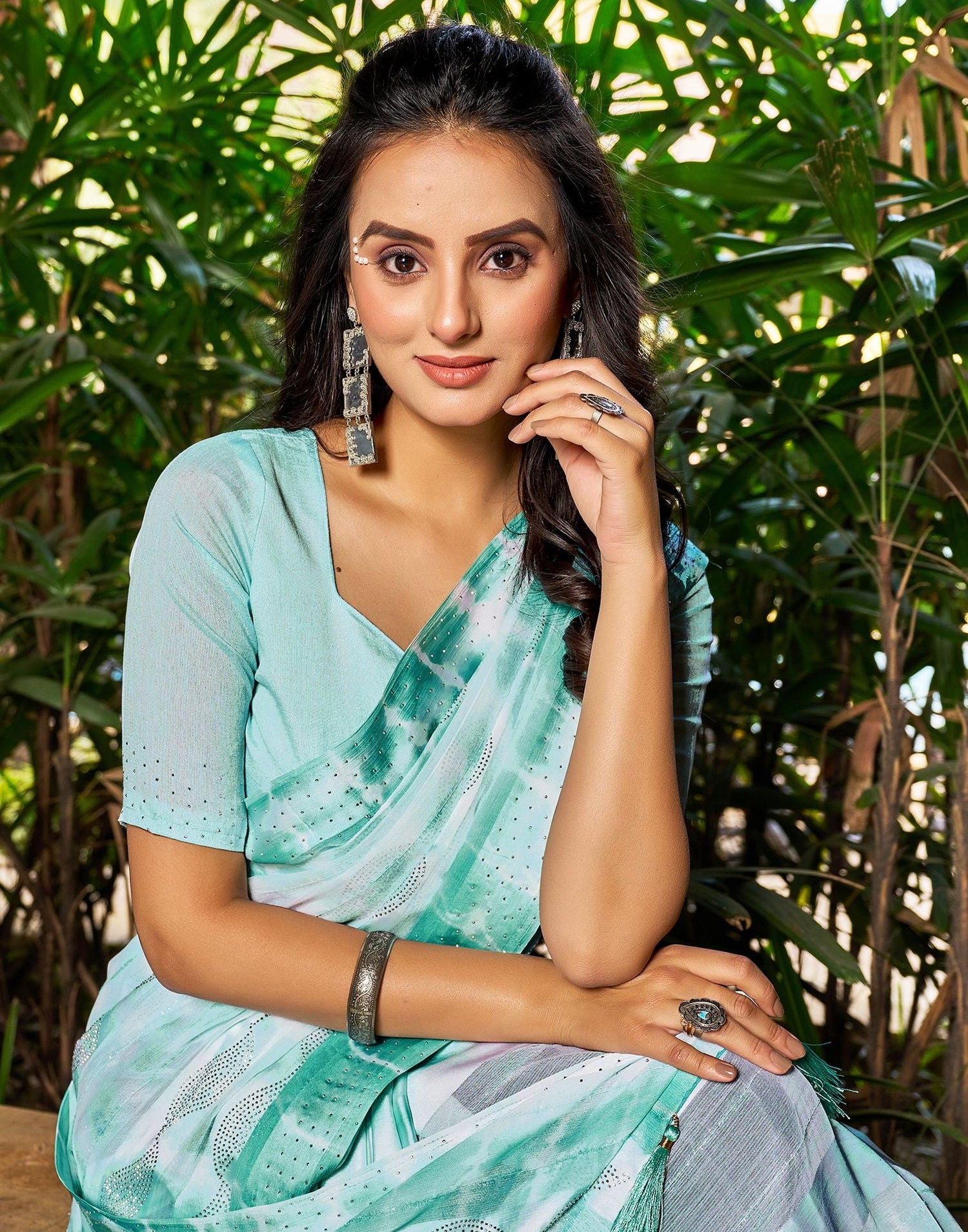 Turquoise Printed Chiffon Saree