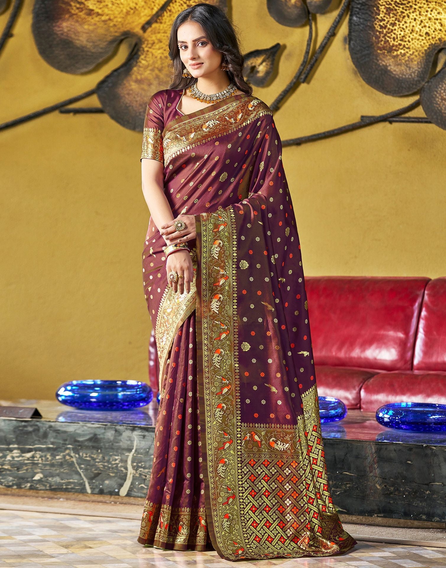 Brown Jacquard Silk Saree