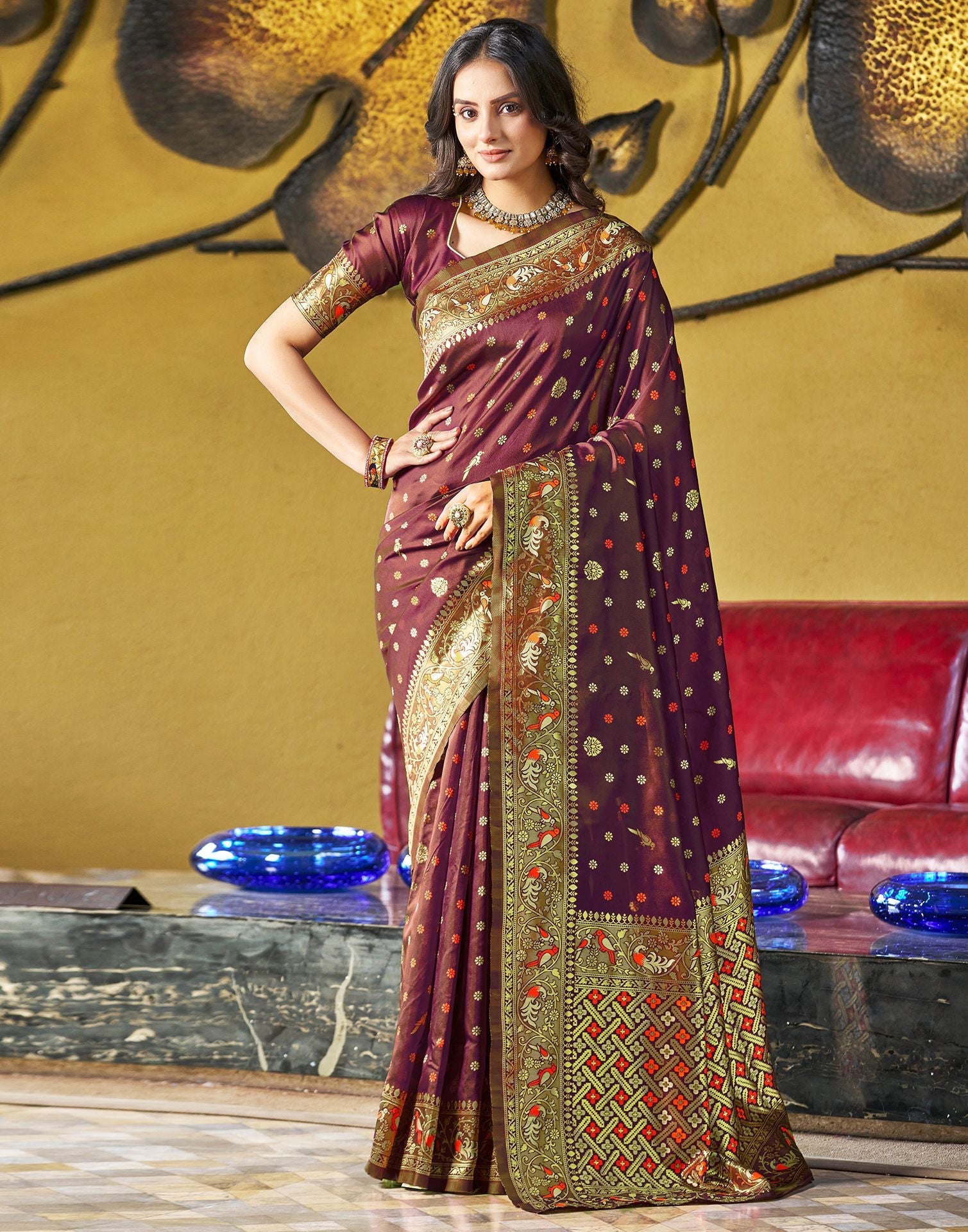 Brown Jacquard Silk Saree