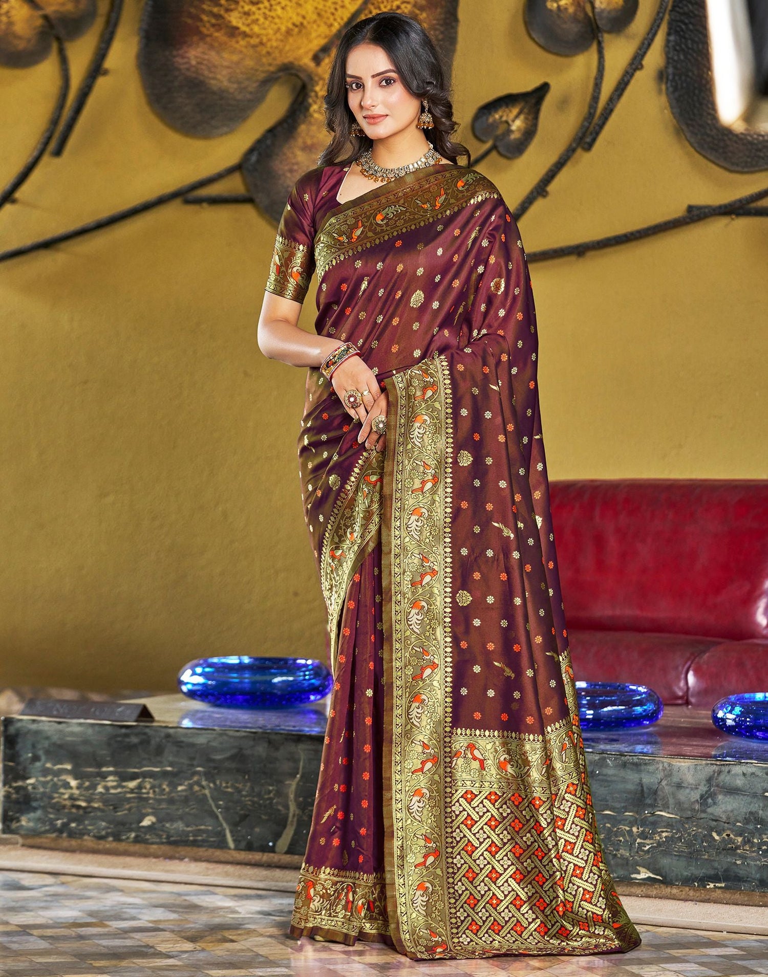 Brown Jacquard Silk Saree