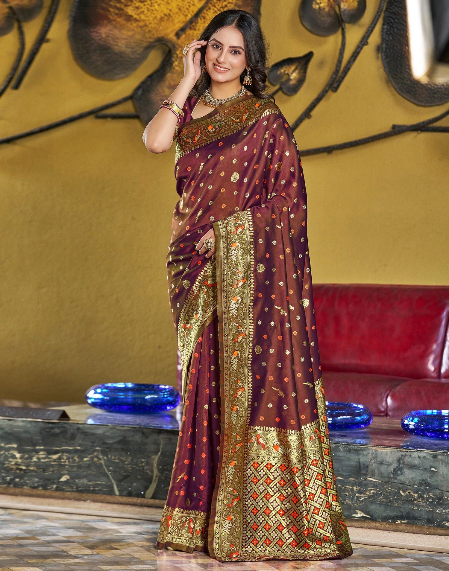 Brown Jacquard Silk Saree