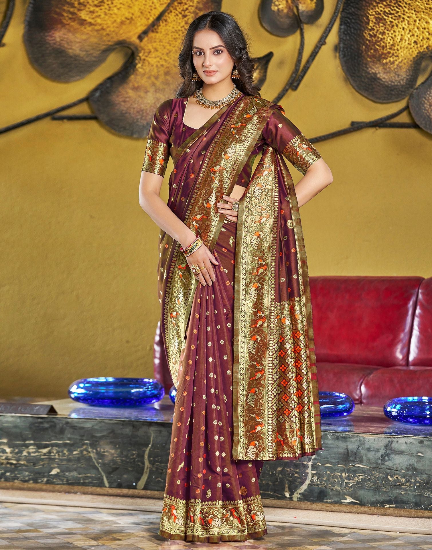 Brown Jacquard Silk Saree