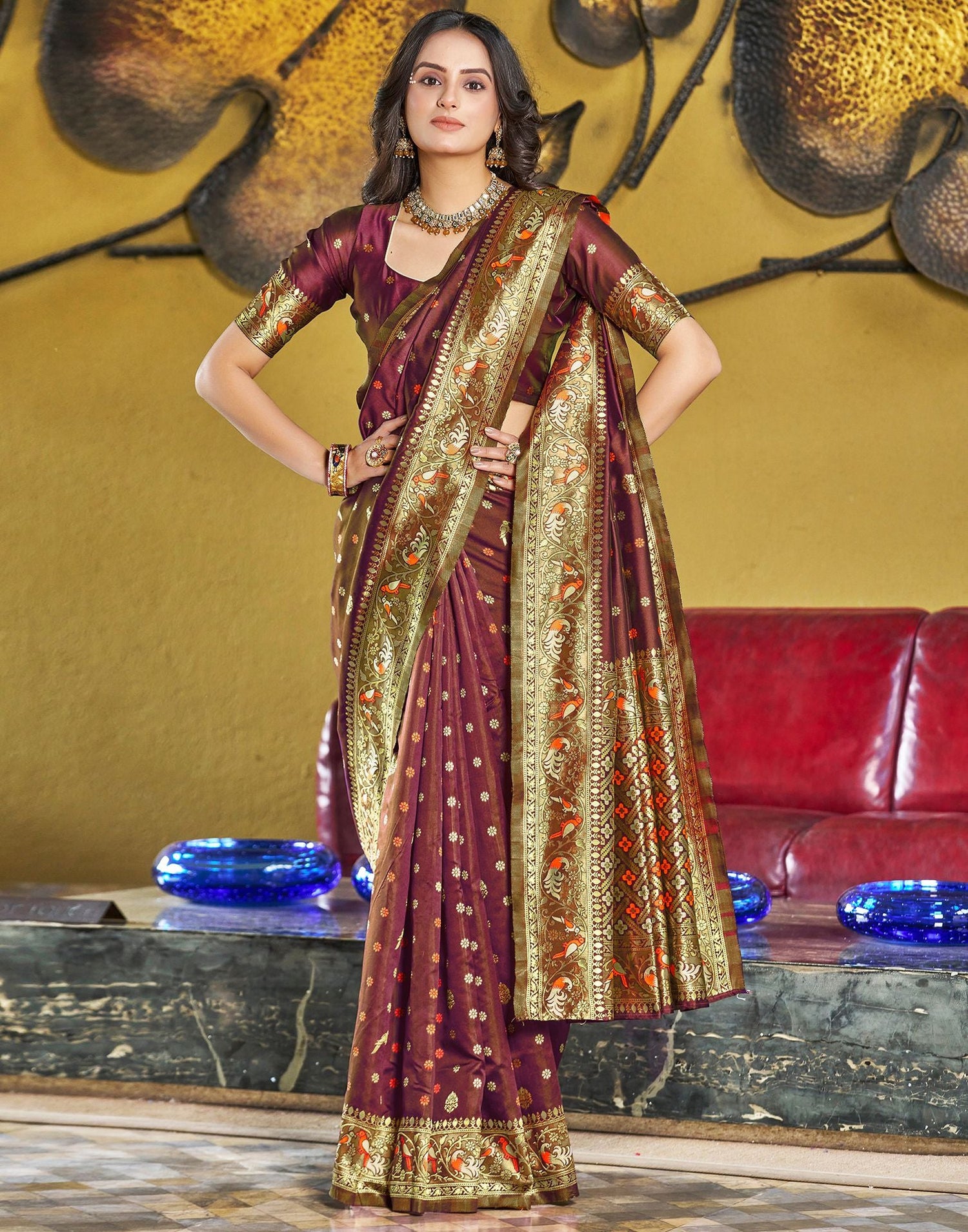 Brown Jacquard Silk Saree