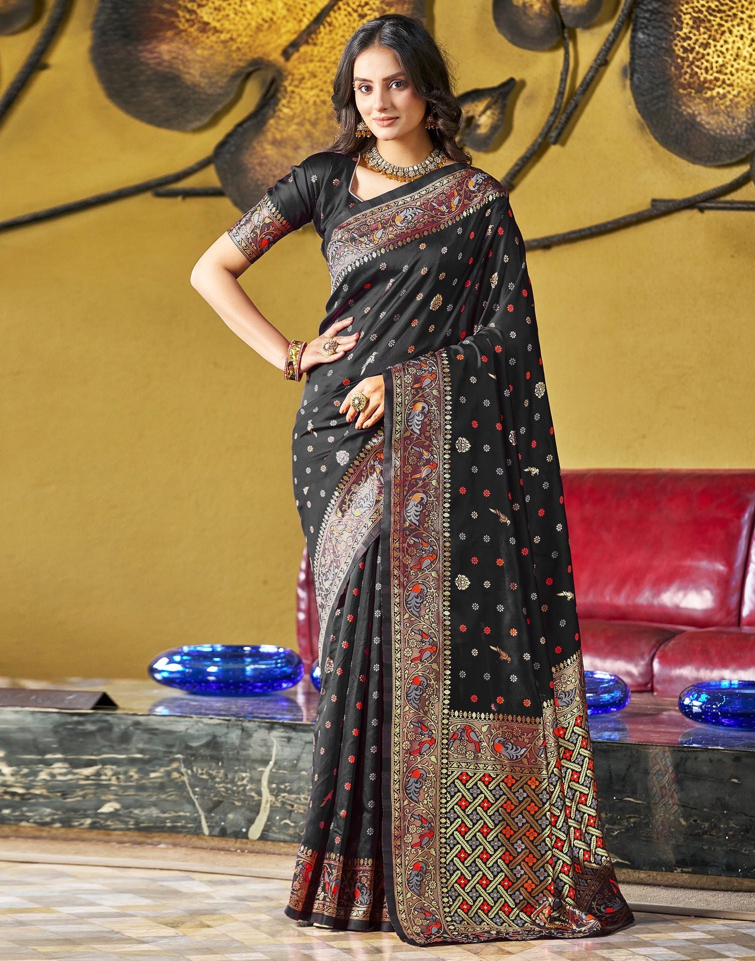 B1G1 Black Jacquard Silk Saree