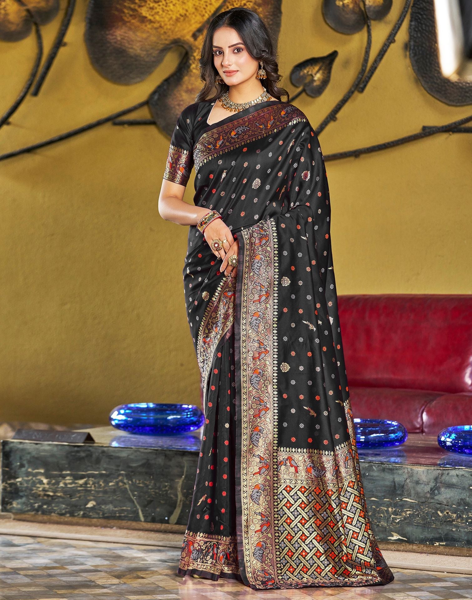 B1G1 Black Jacquard Silk Saree