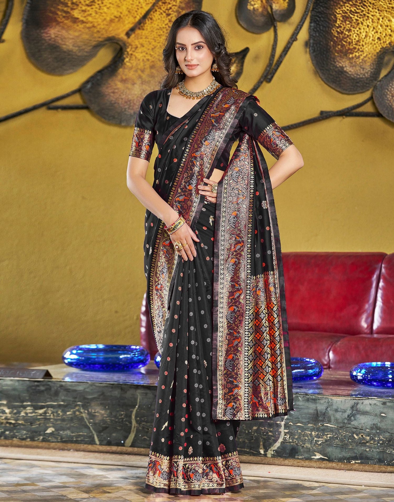 B1G1 Black Jacquard Silk Saree