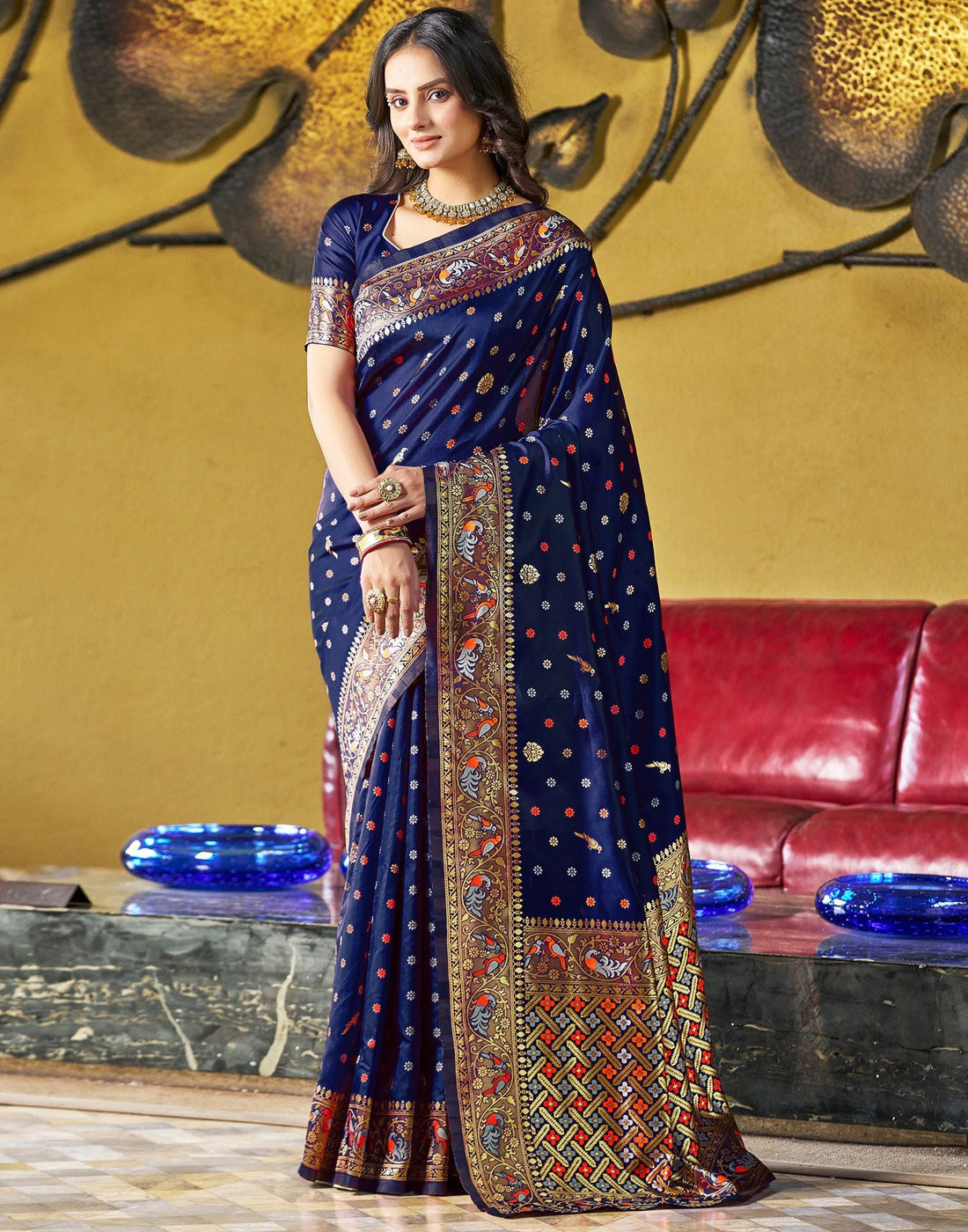 Navy Blue Jacquard Silk Saree