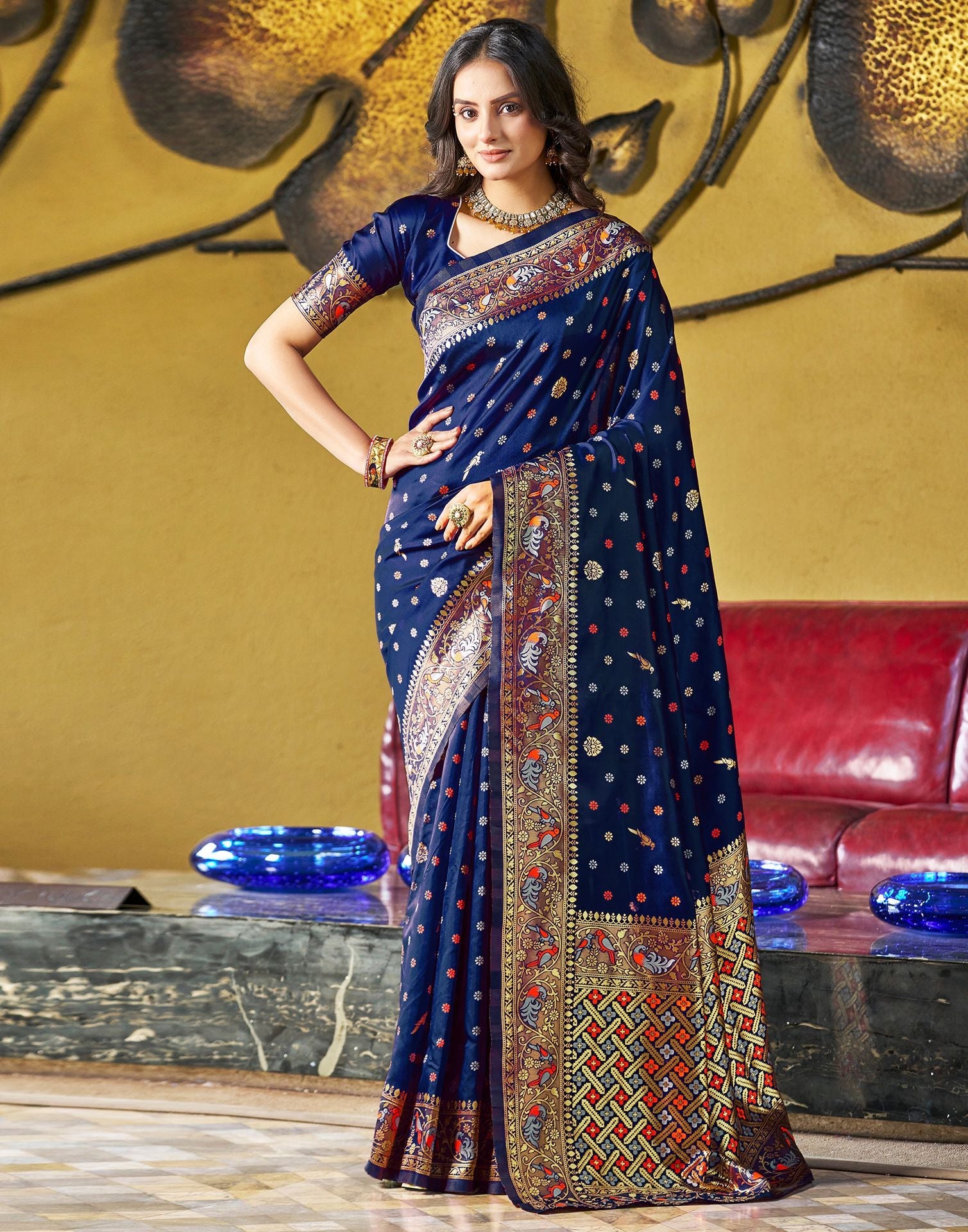 Navy Blue Jacquard Silk Saree