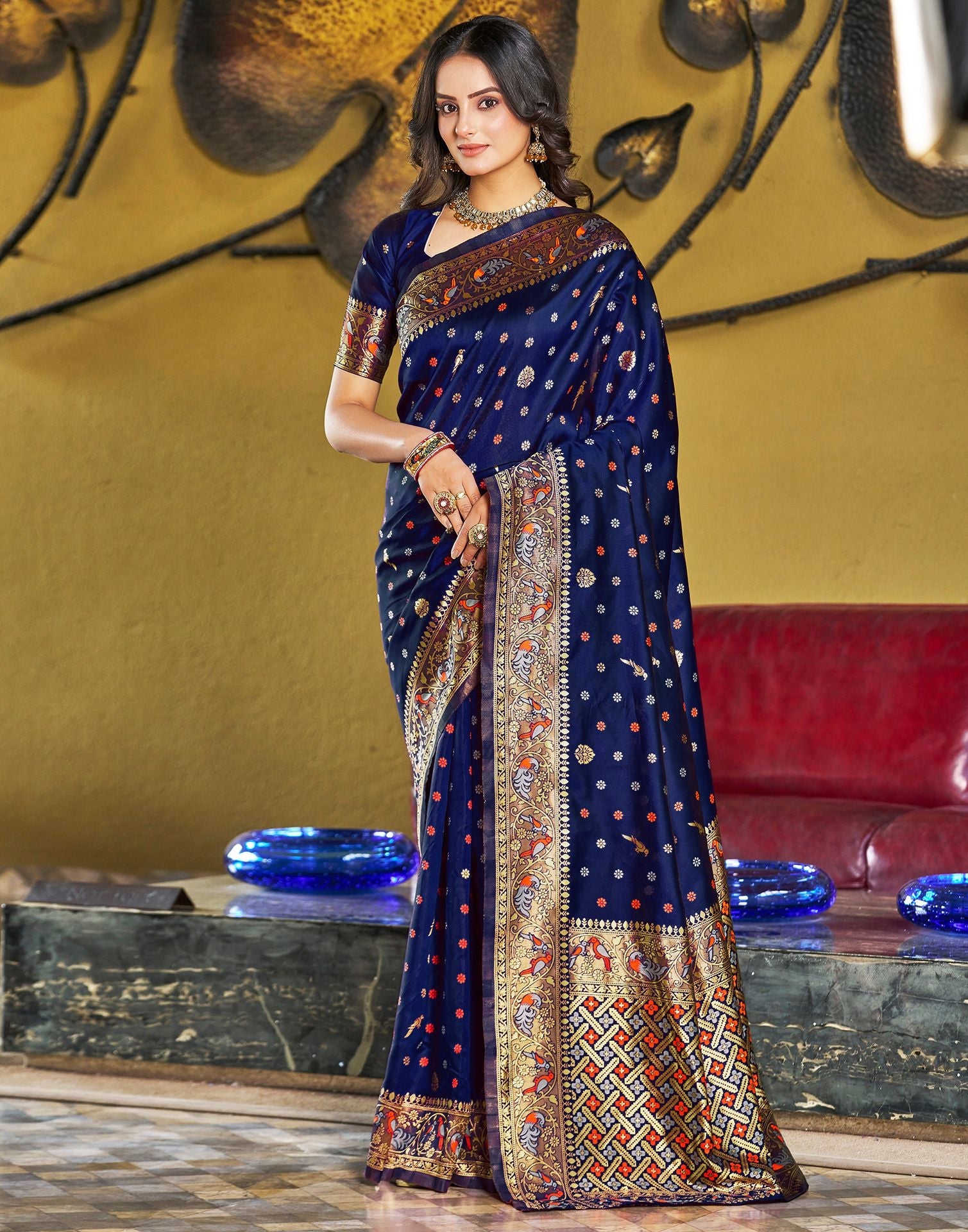 Navy Blue Jacquard Silk Saree