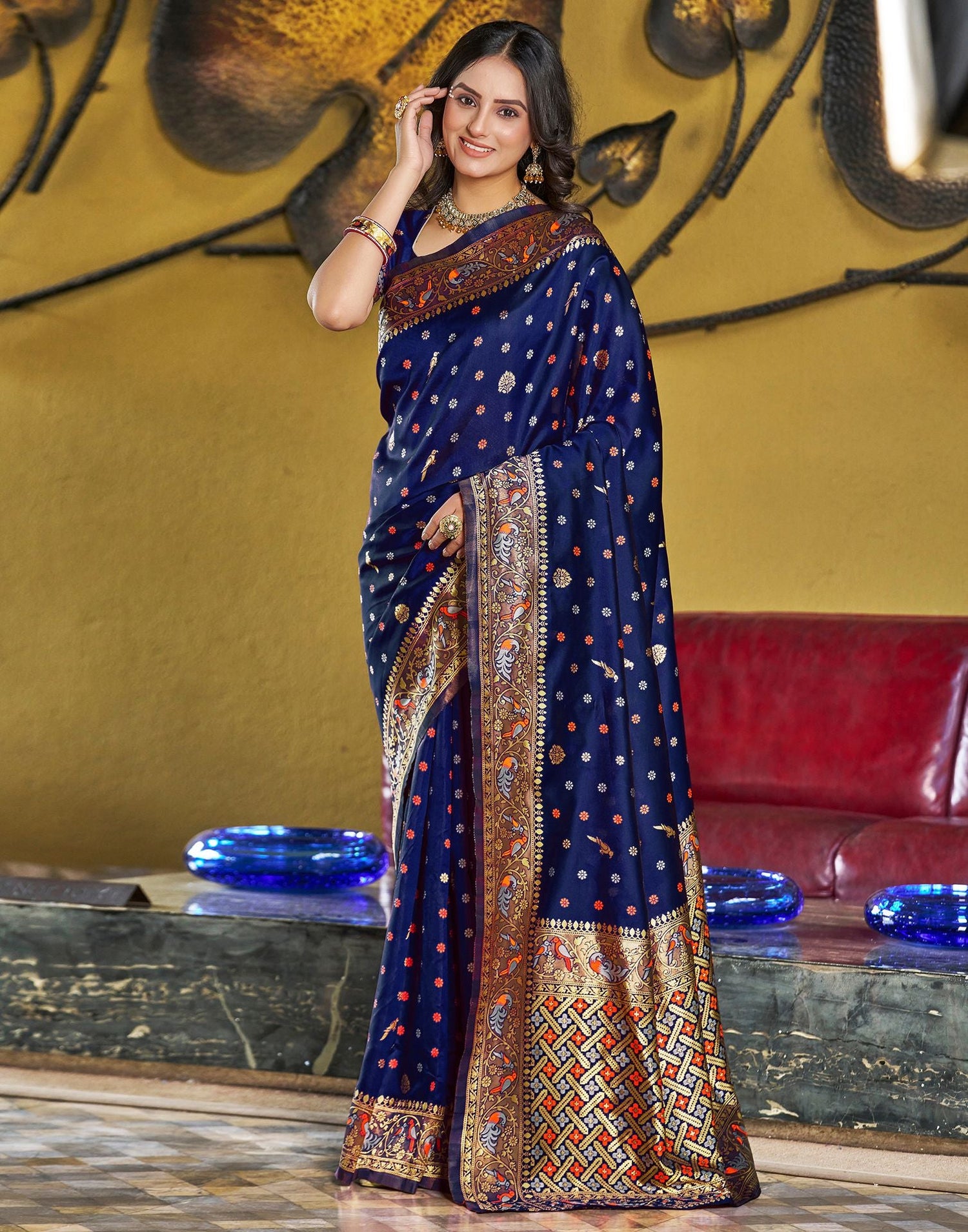 Navy Blue Jacquard Silk Saree