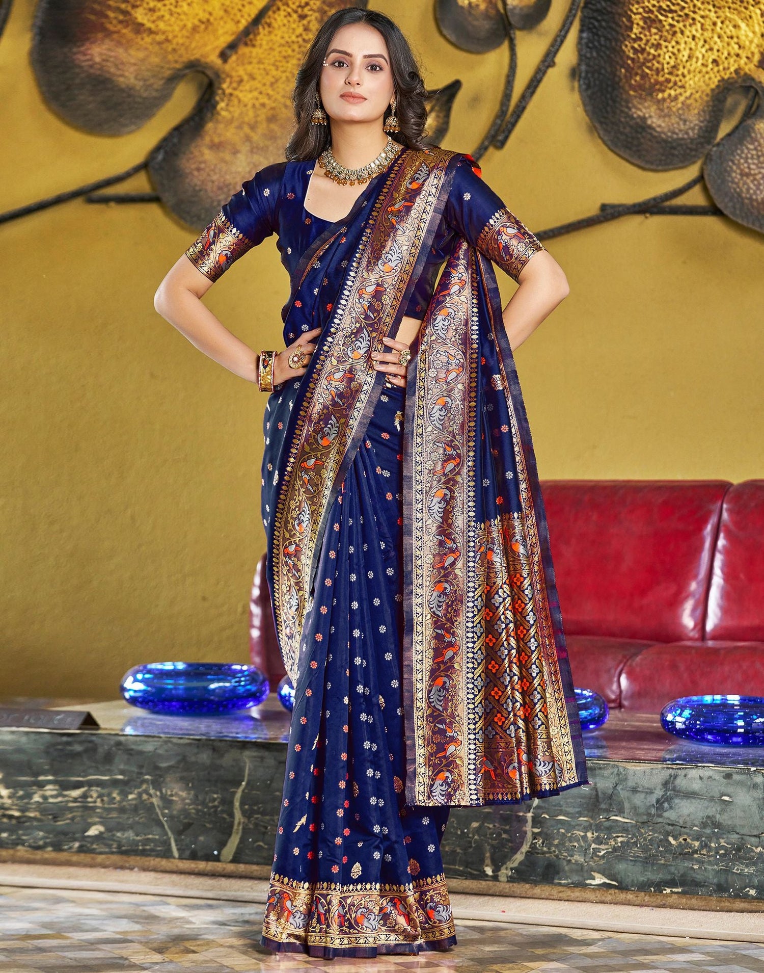 Navy Blue Jacquard Silk Saree