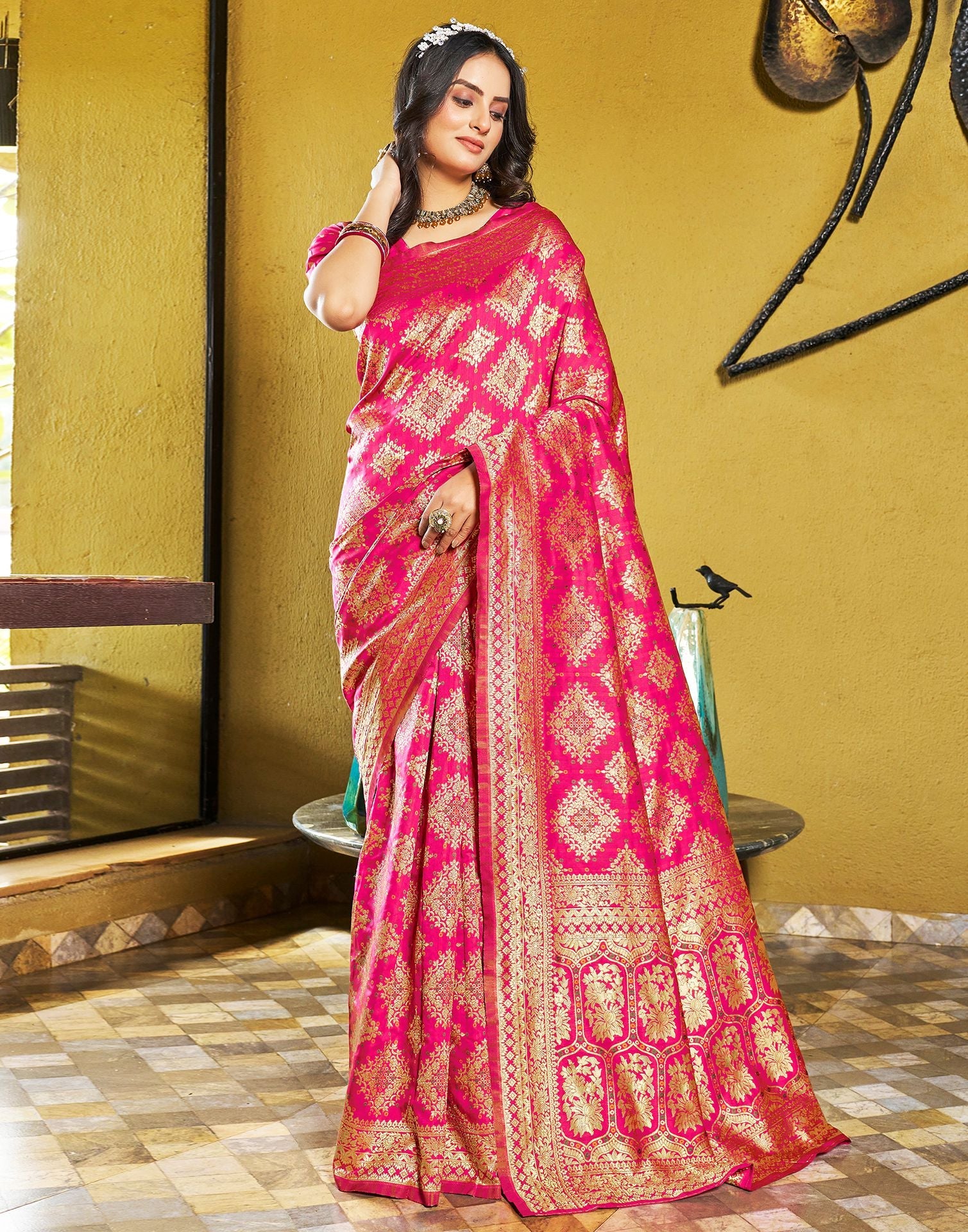 Rani Pink Jacquard Silk Saree