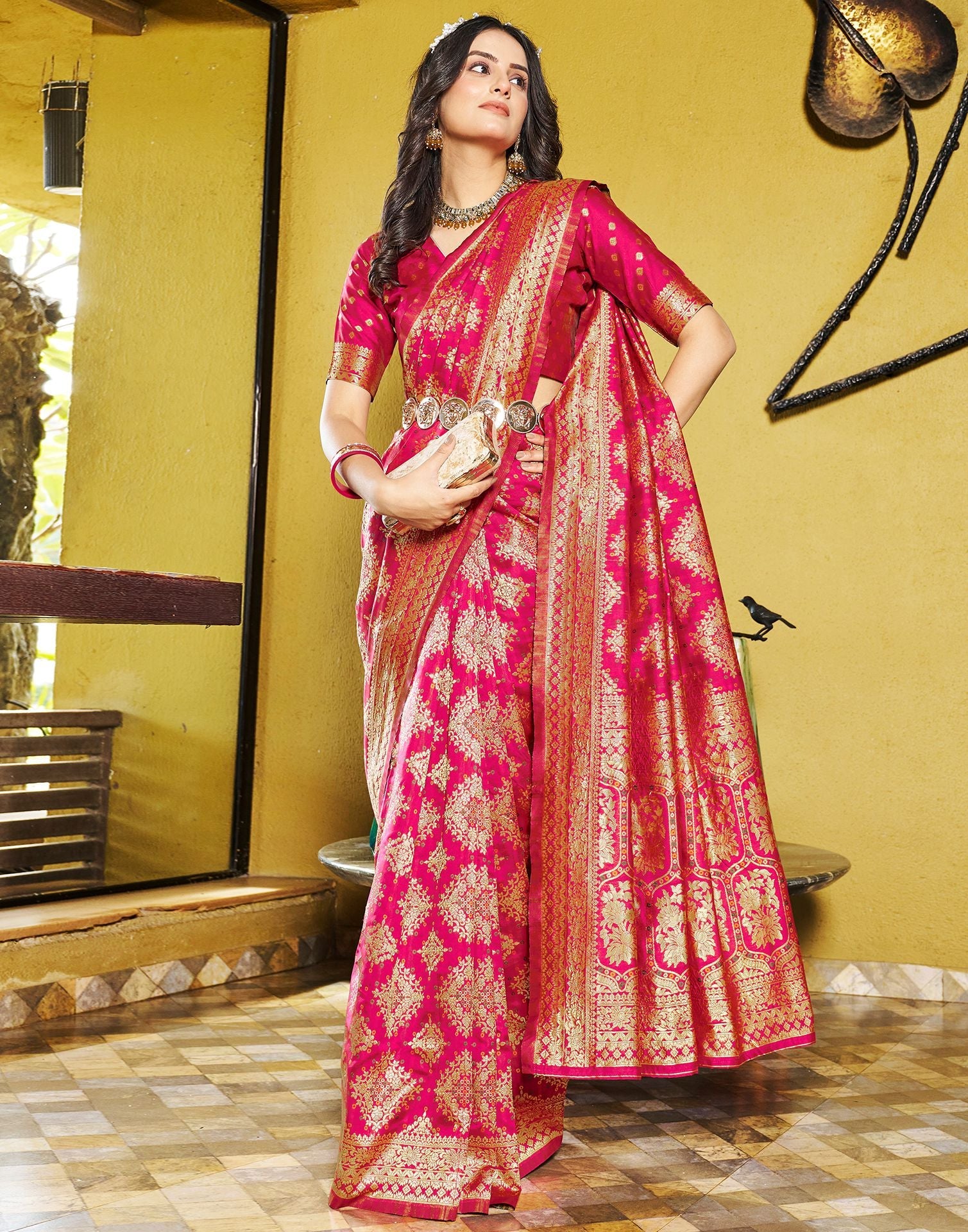 Rani Pink Jacquard Silk Saree