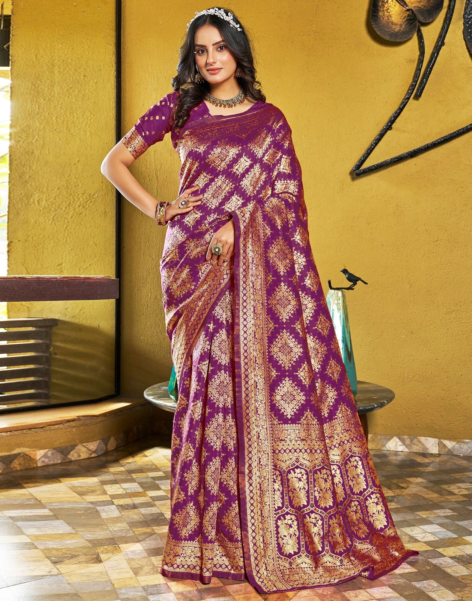 B1G1 Wine Jacquard Silk Saree