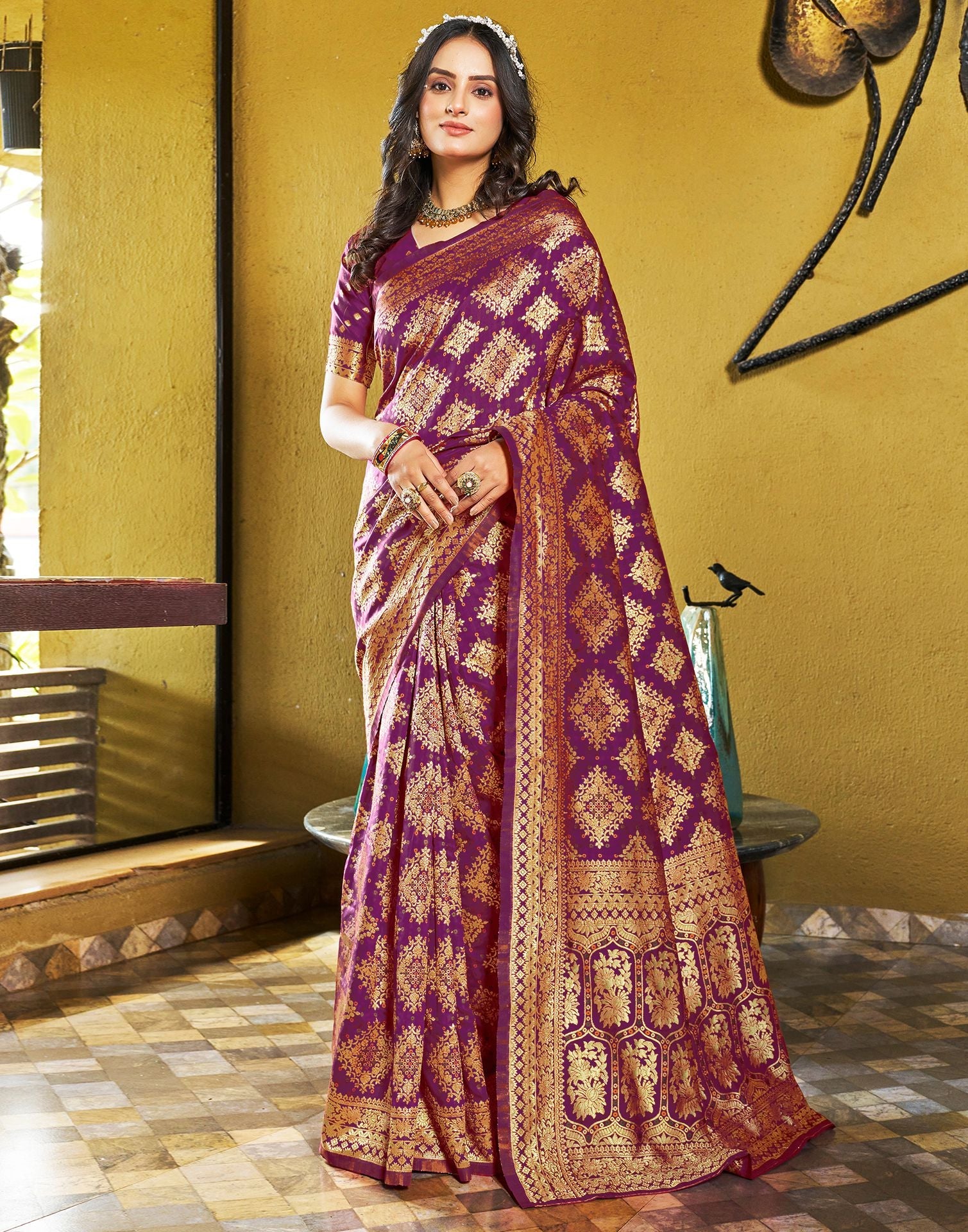 B1G1 Wine Jacquard Silk Saree