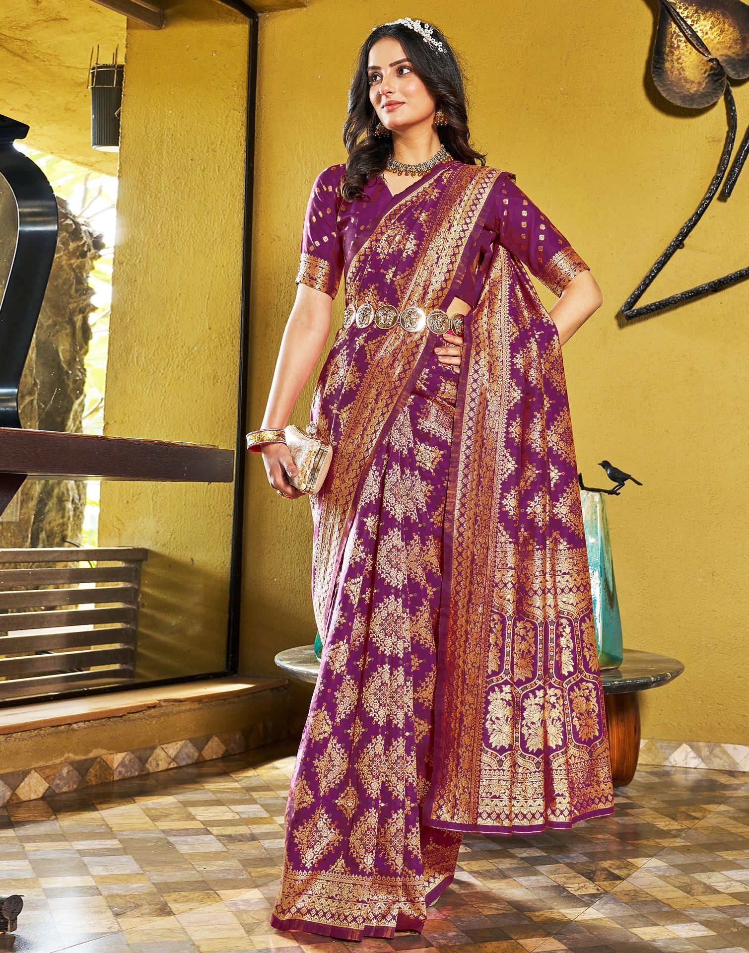 B1G1 Wine Jacquard Silk Saree