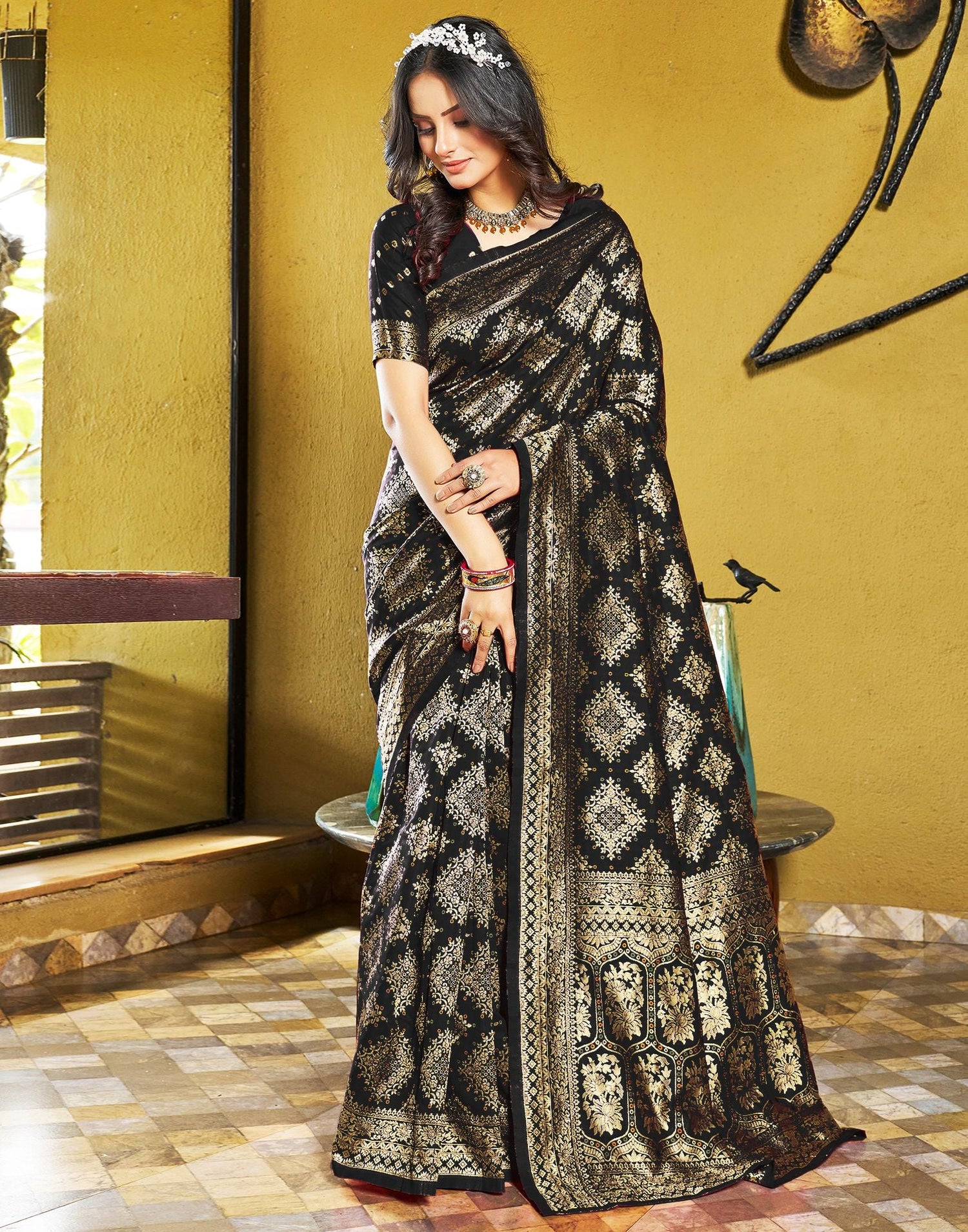 B1G1 Black Jacquard Silk Saree