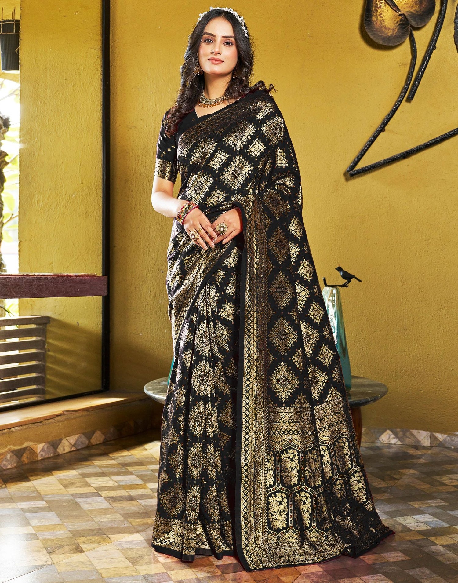 B1G1 Black Jacquard Silk Saree