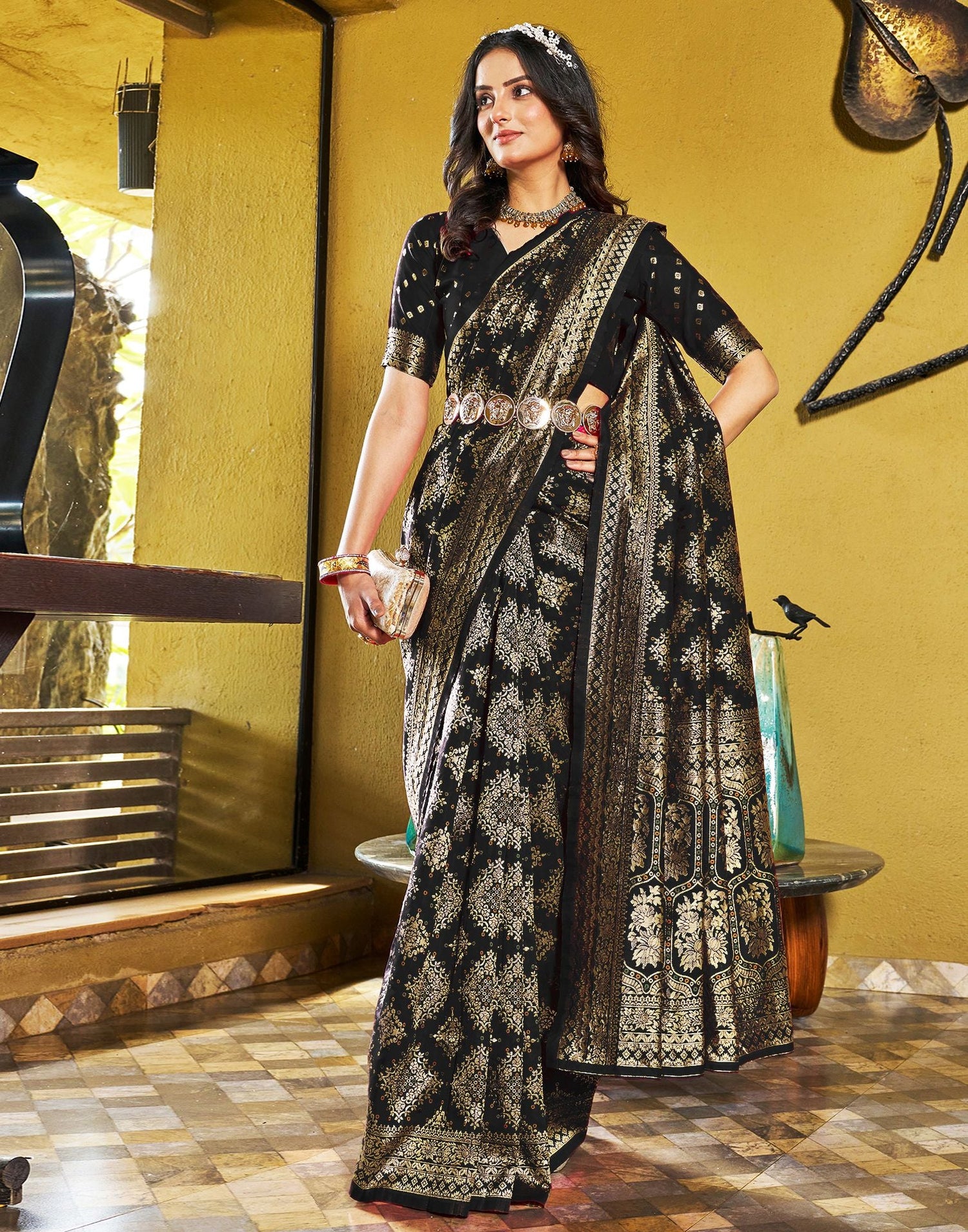 B1G1 Black Jacquard Silk Saree