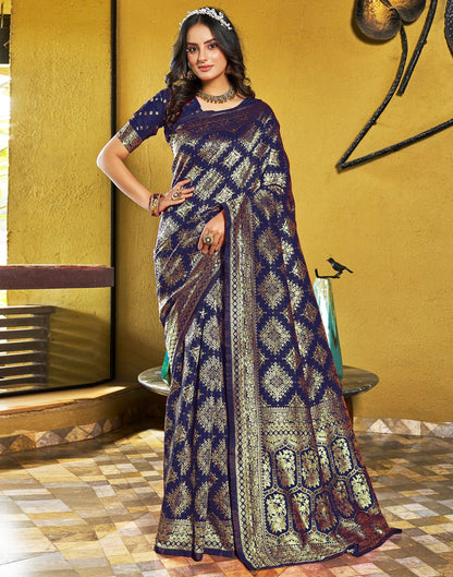 B1G1 Navy Blue Jacquard Silk Saree