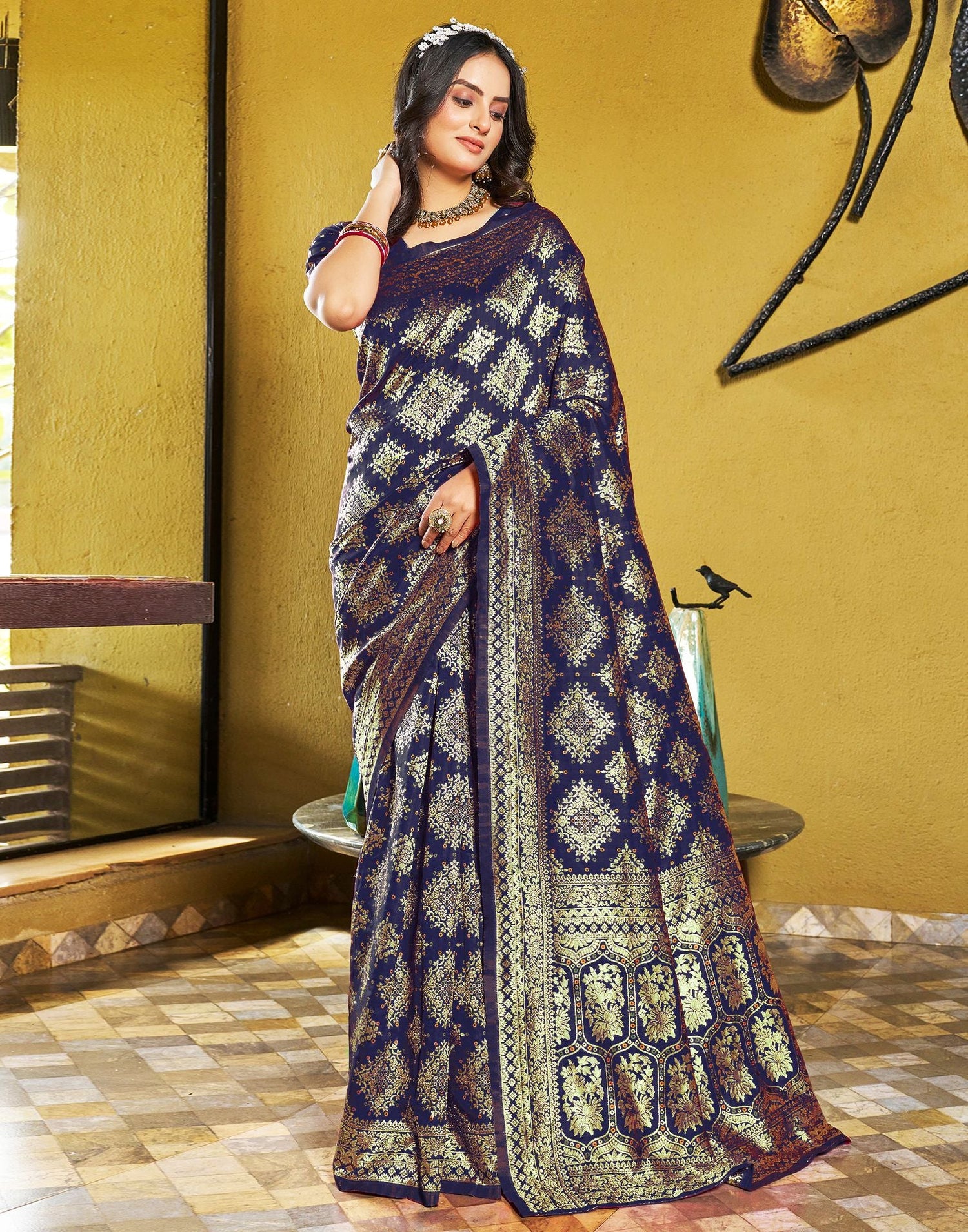 B1G1 Navy Blue Jacquard Silk Saree