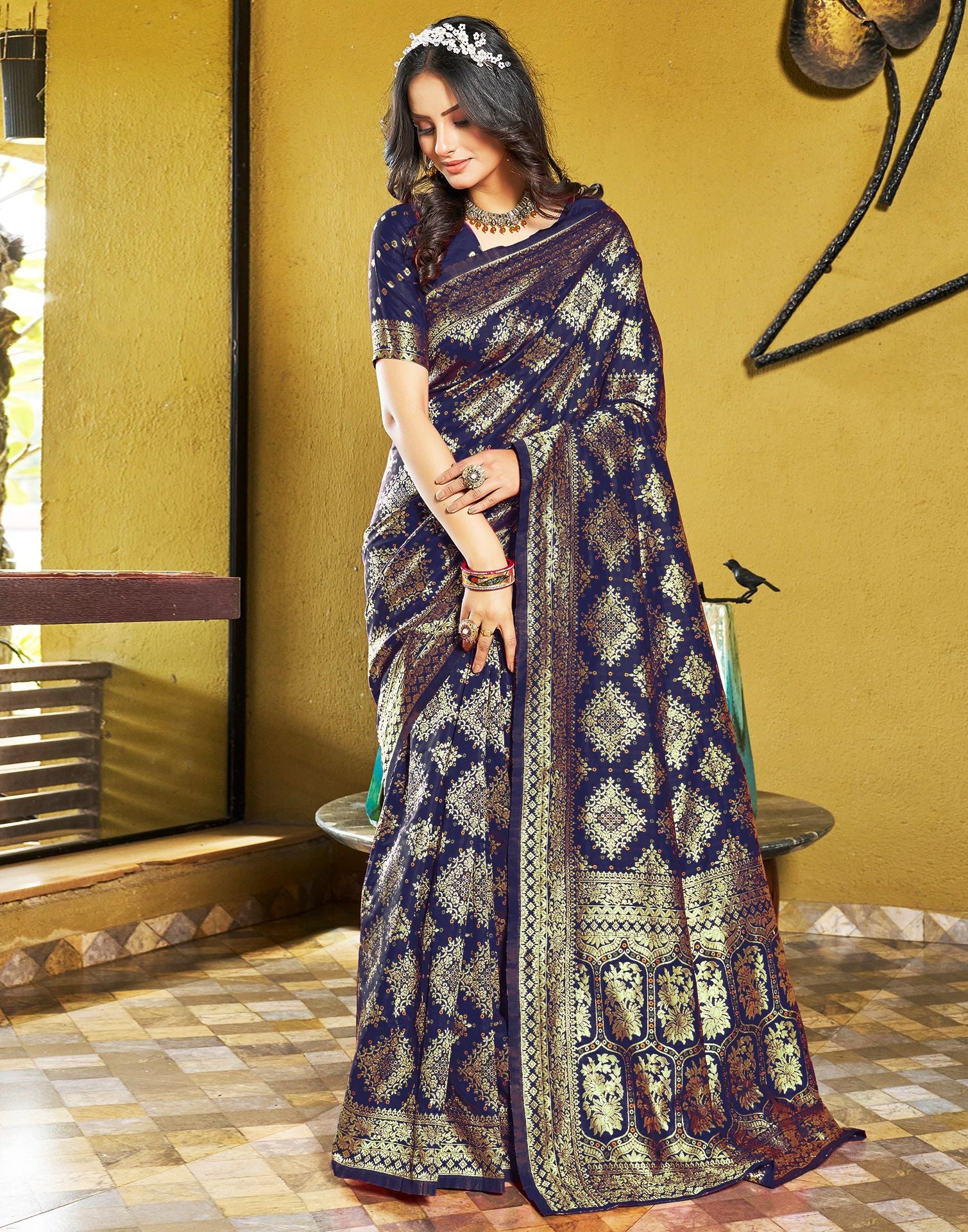 B1G1 Navy Blue Jacquard Silk Saree