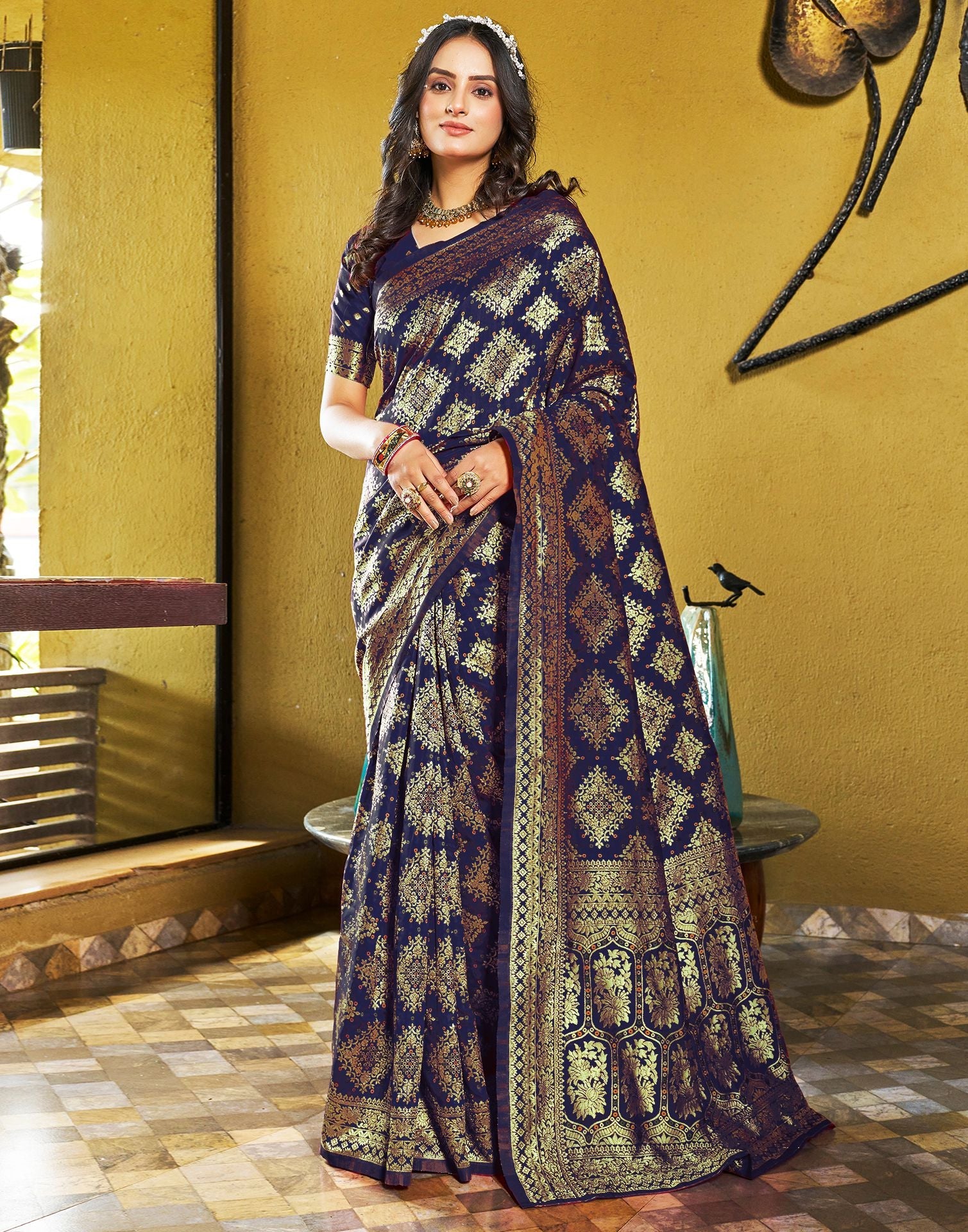 B1G1 Navy Blue Jacquard Silk Saree