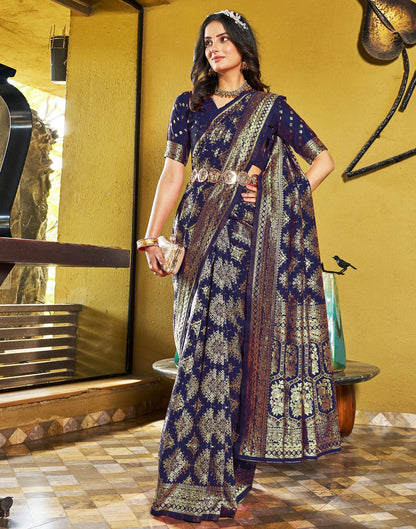 B1G1 Navy Blue Jacquard Silk Saree