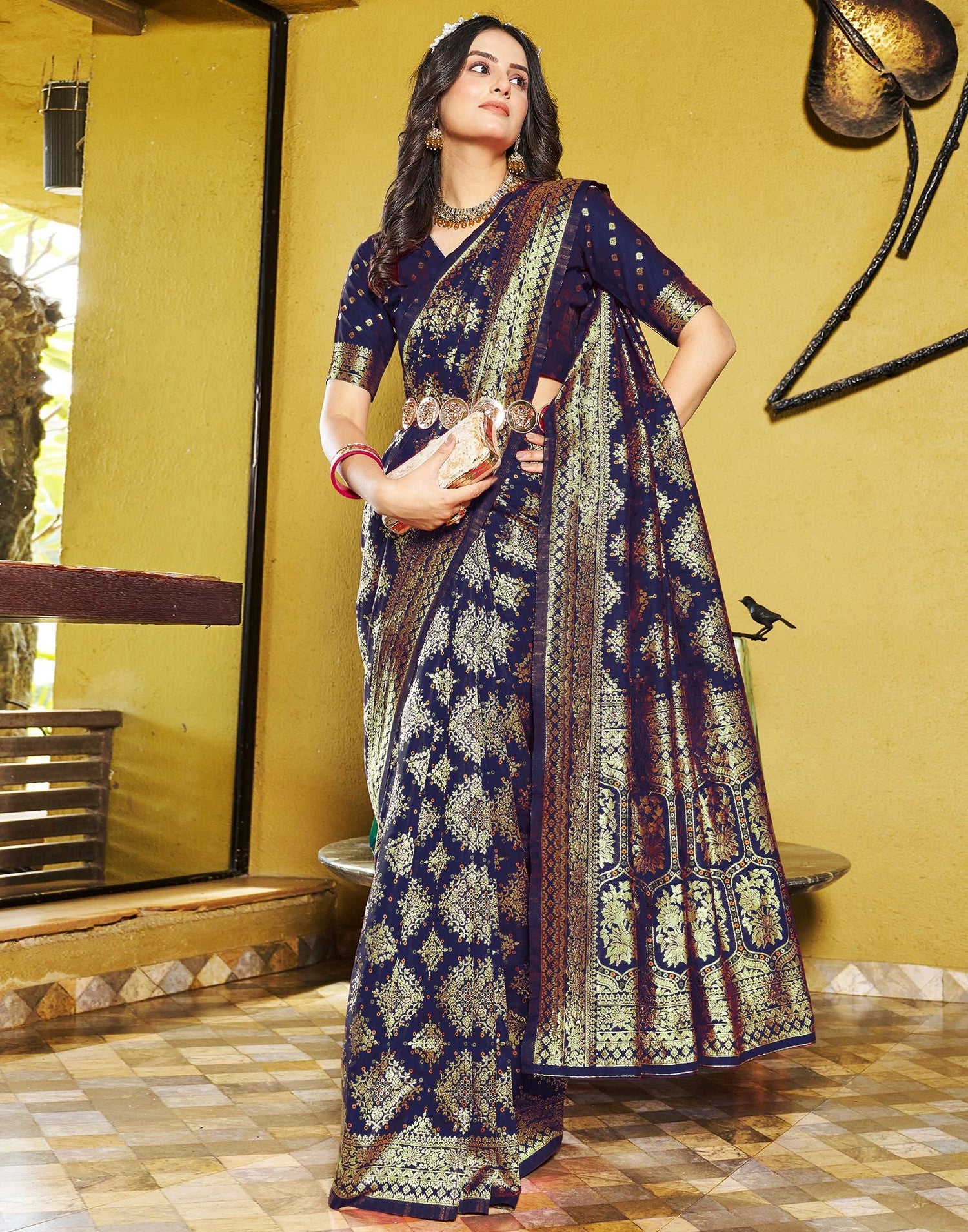 B1G1 Navy Blue Jacquard Silk Saree