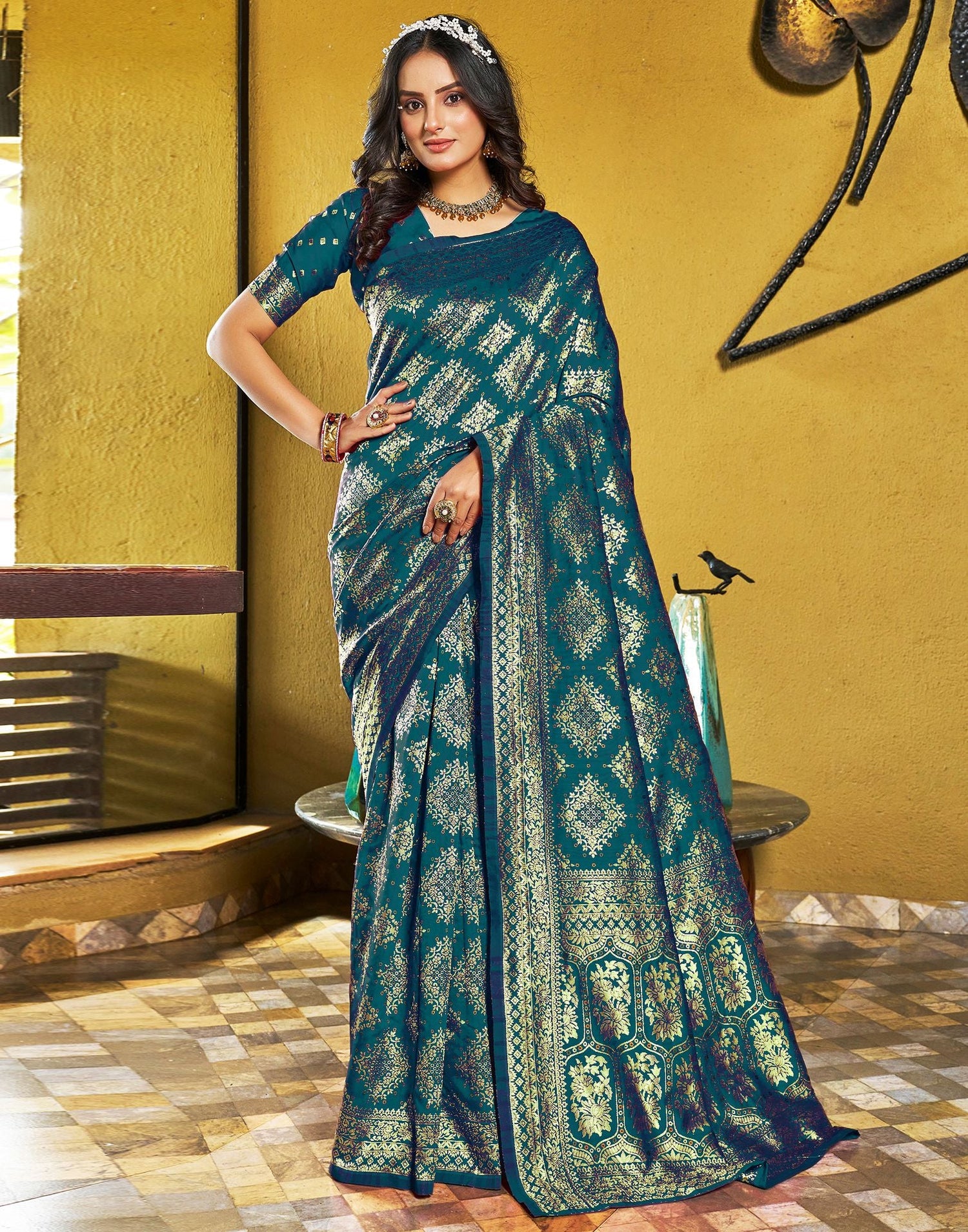 Teal Blue Jacquard Silk Saree