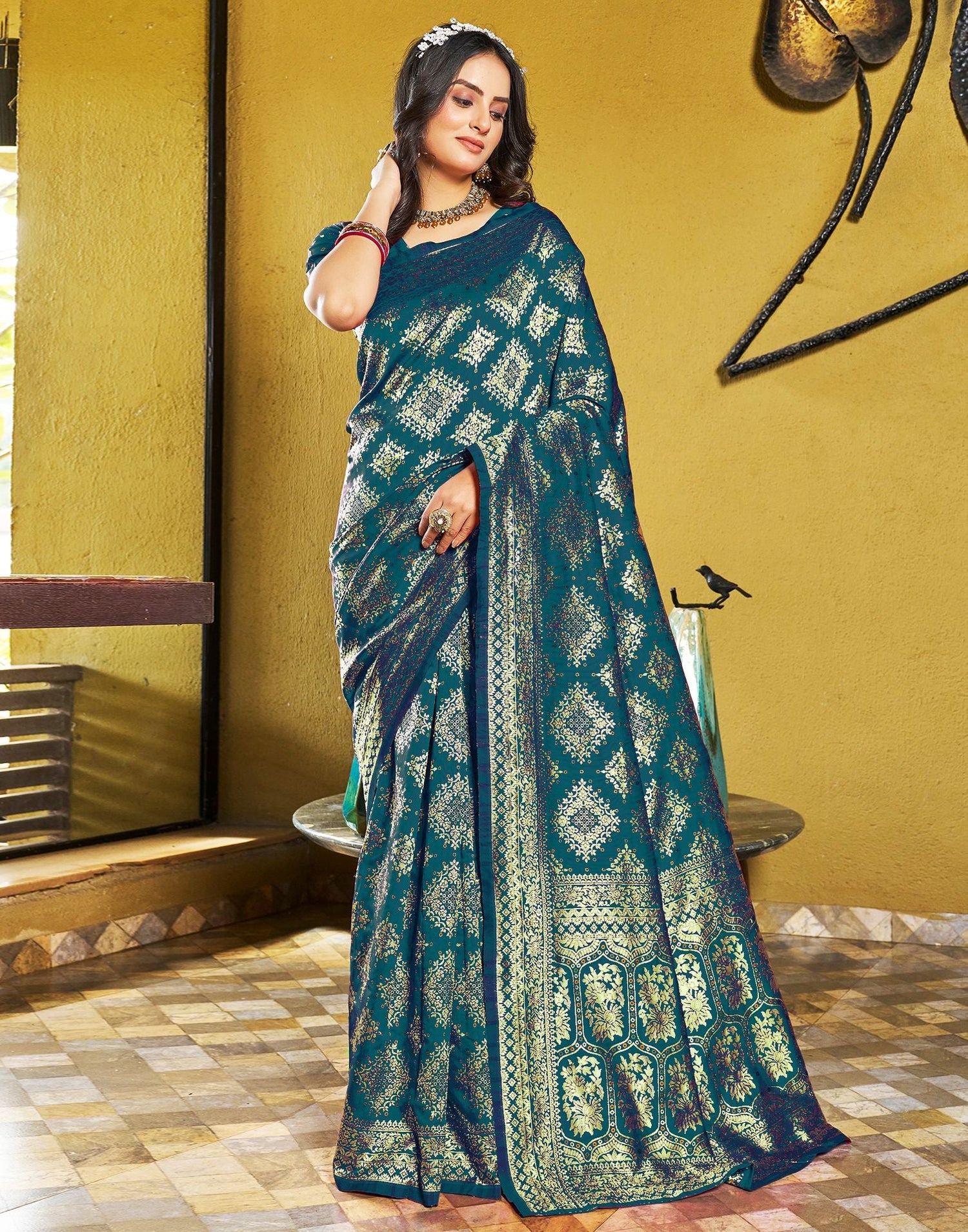 Teal Blue Jacquard Silk Saree