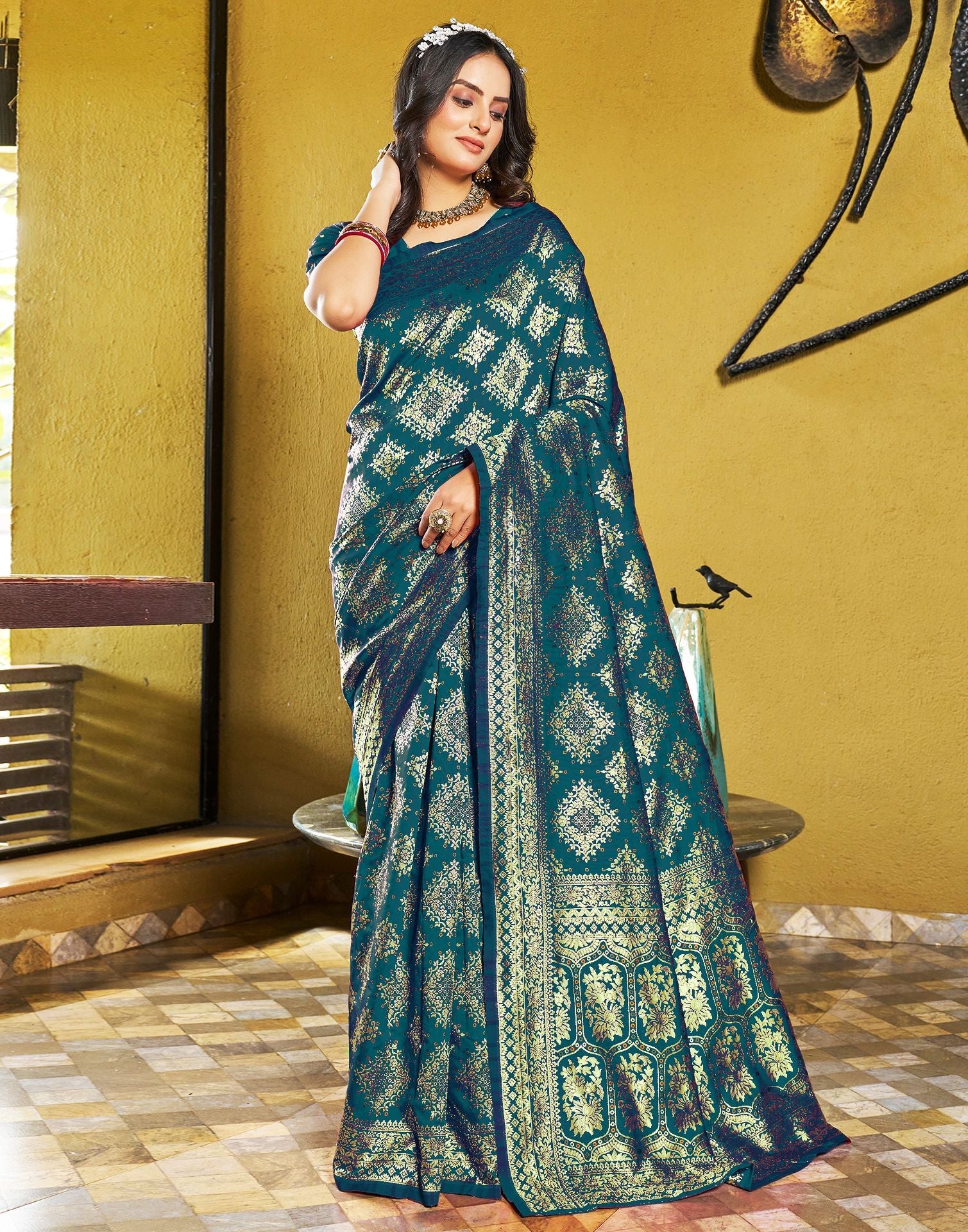 Teal Blue Jacquard Silk Saree