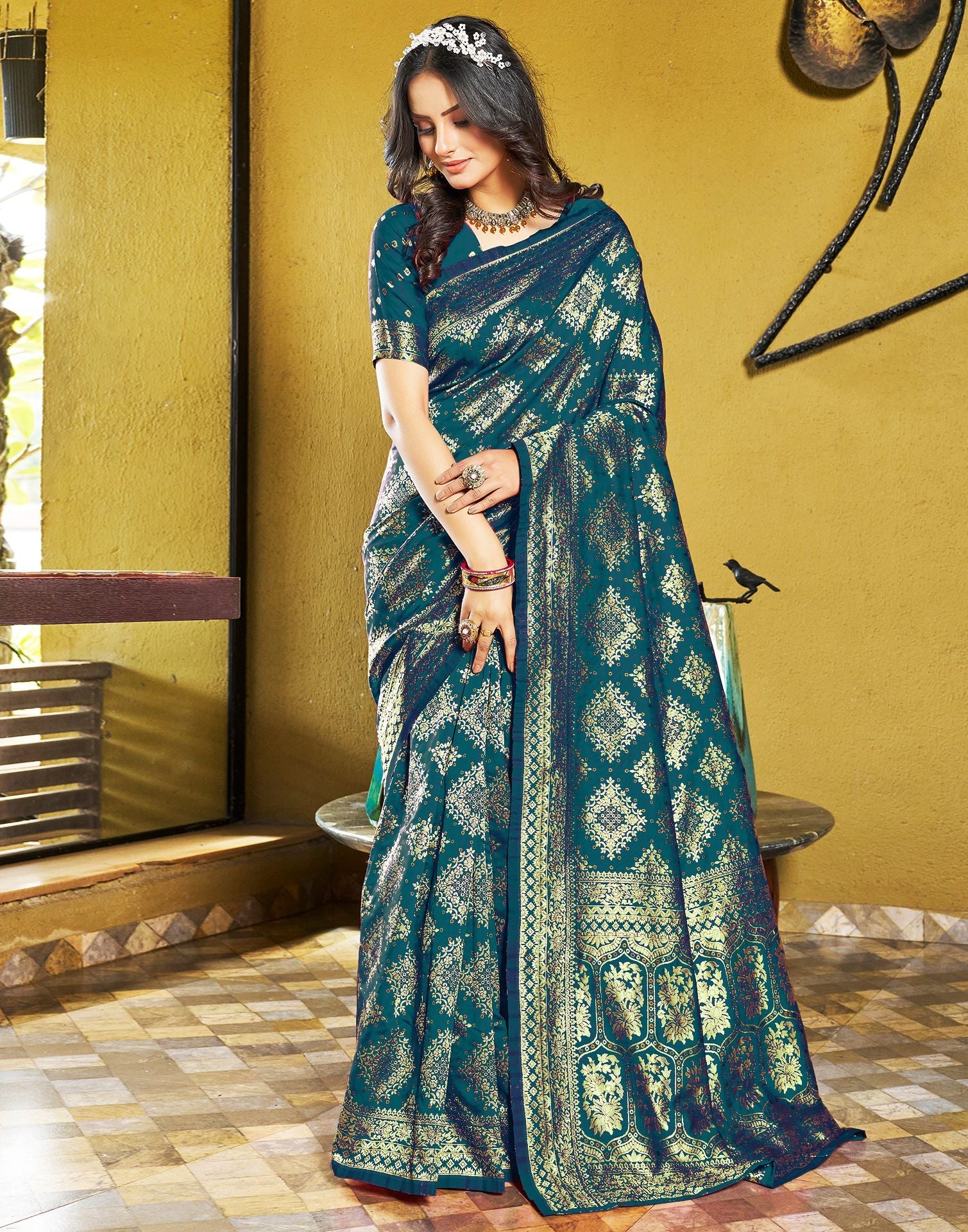 Teal Blue Jacquard Silk Saree