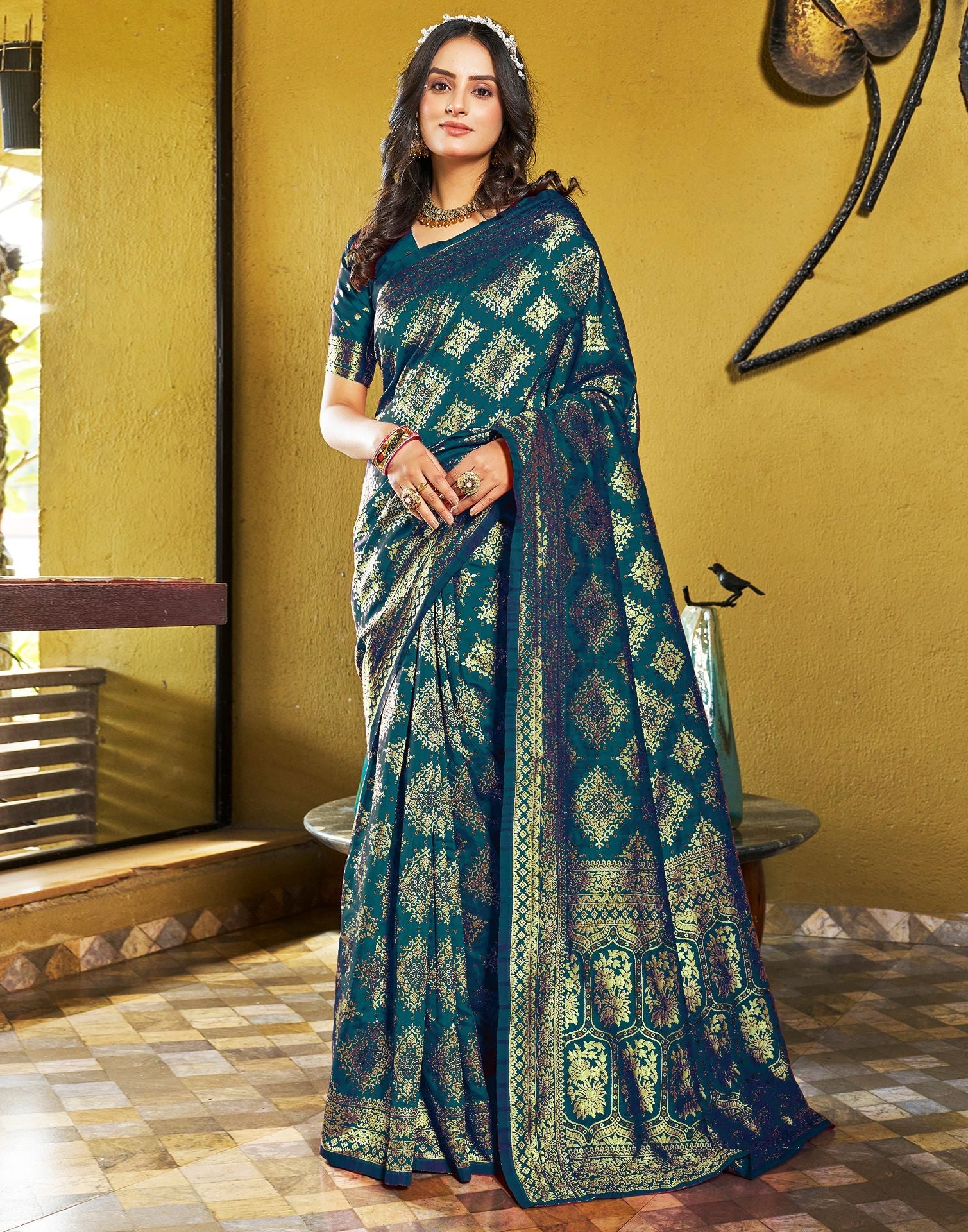 Teal Blue Jacquard Silk Saree