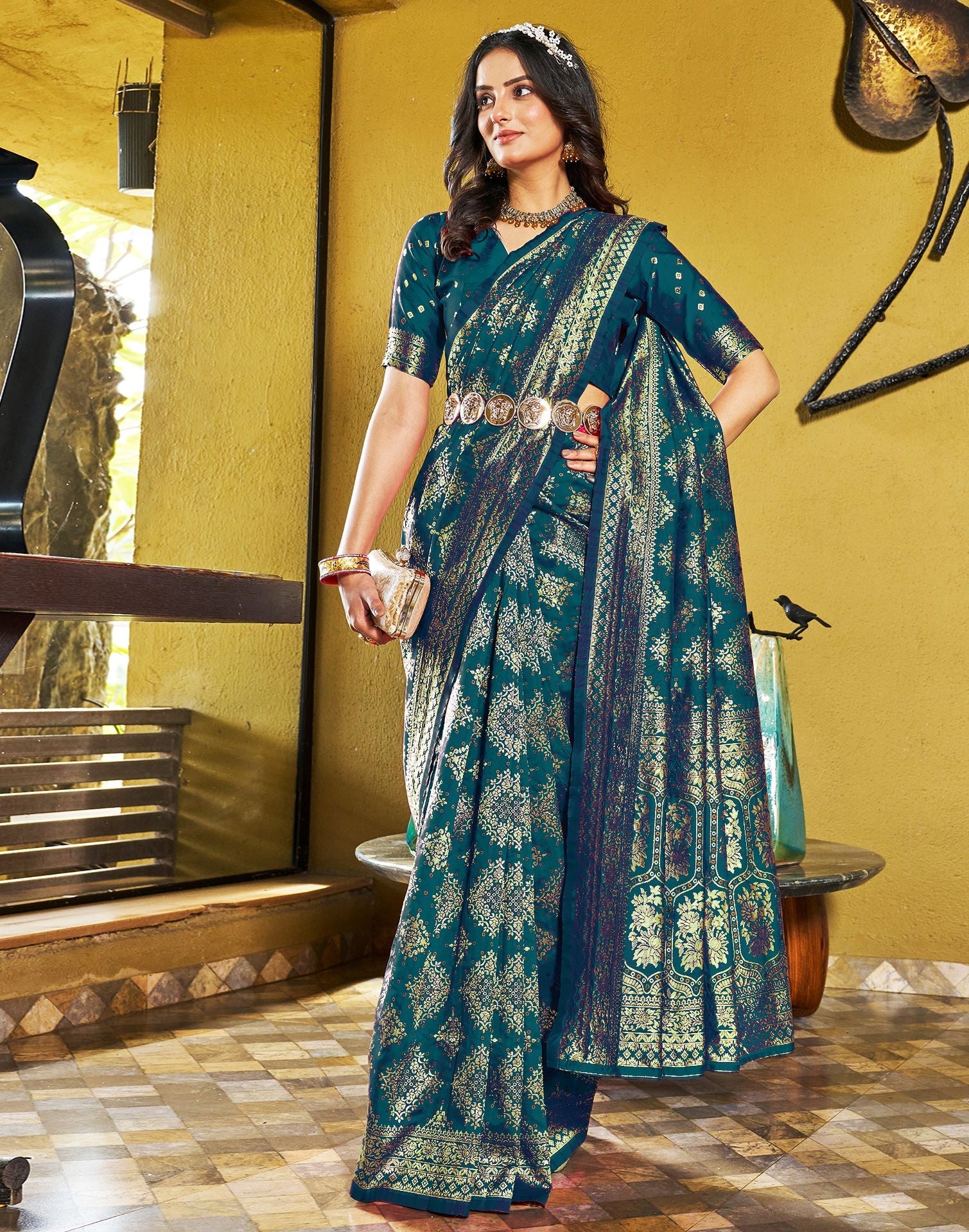 Teal Blue Jacquard Silk Saree