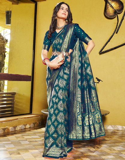 Teal Blue Jacquard Silk Saree