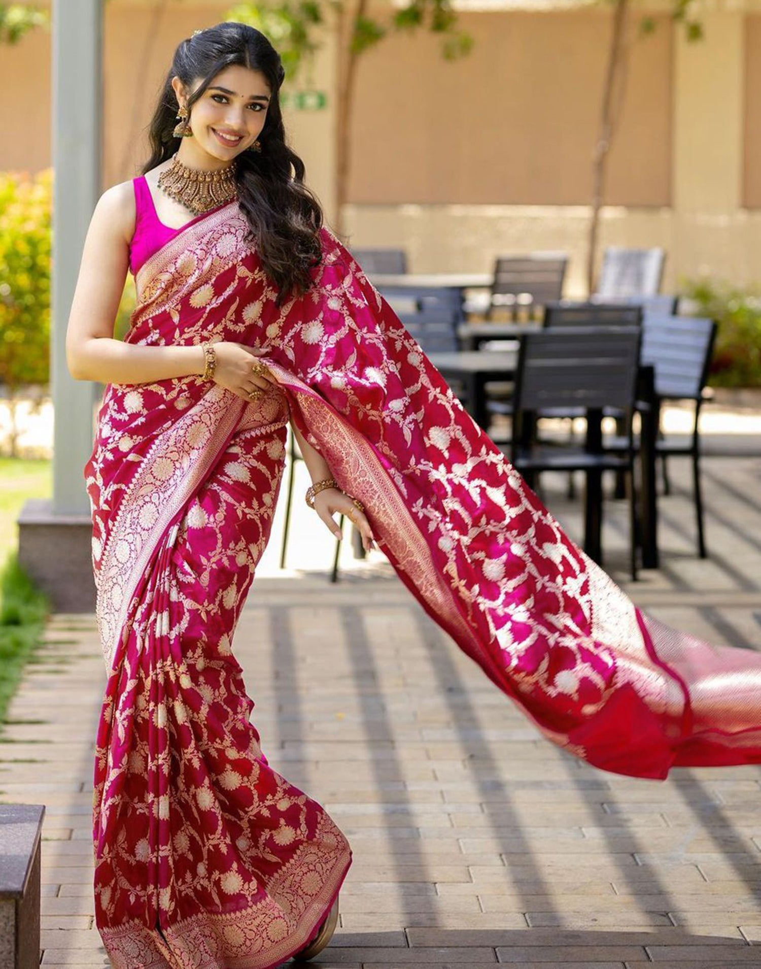 Deep Pink Plain Silk Saree