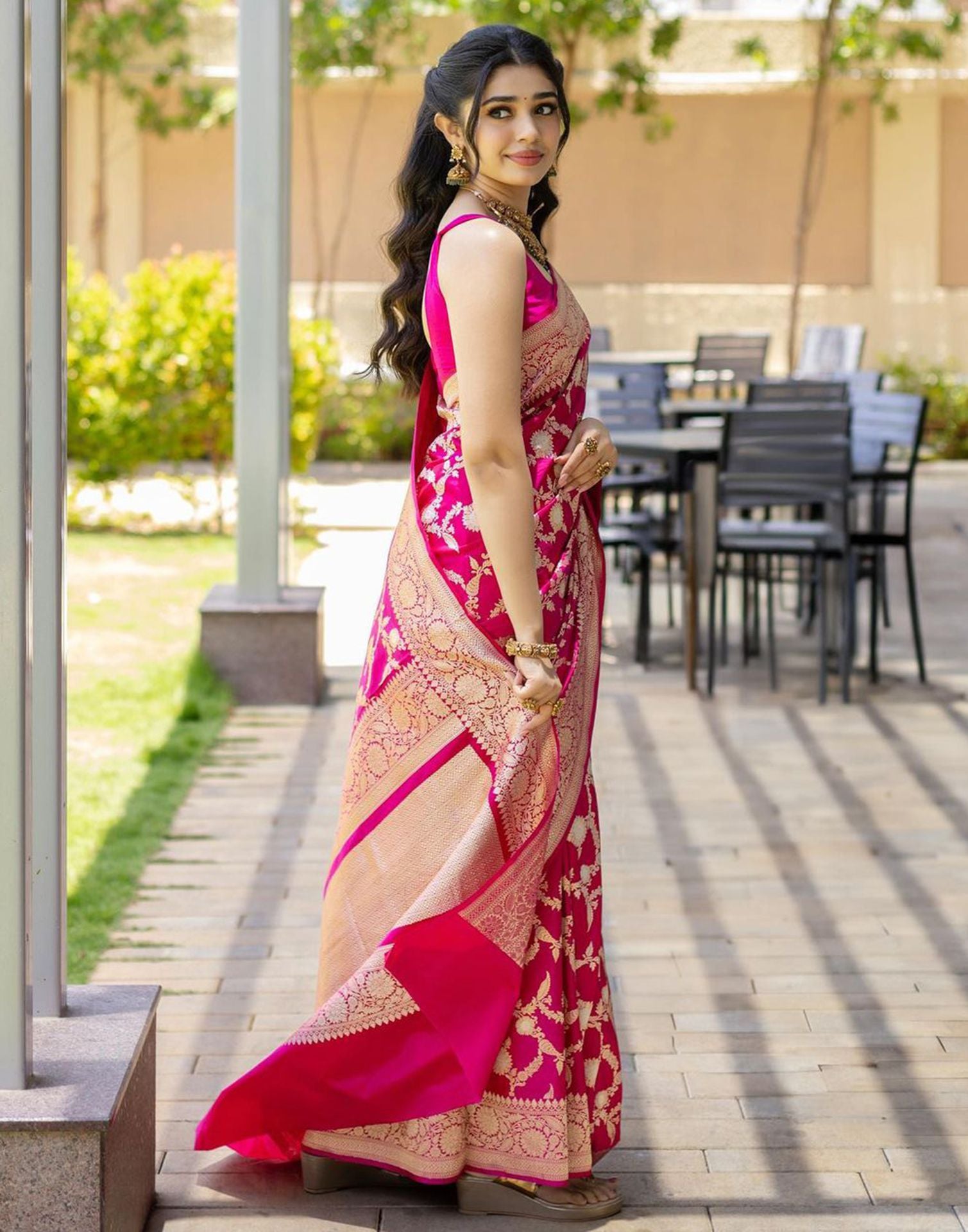 Deep Pink Plain Silk Saree