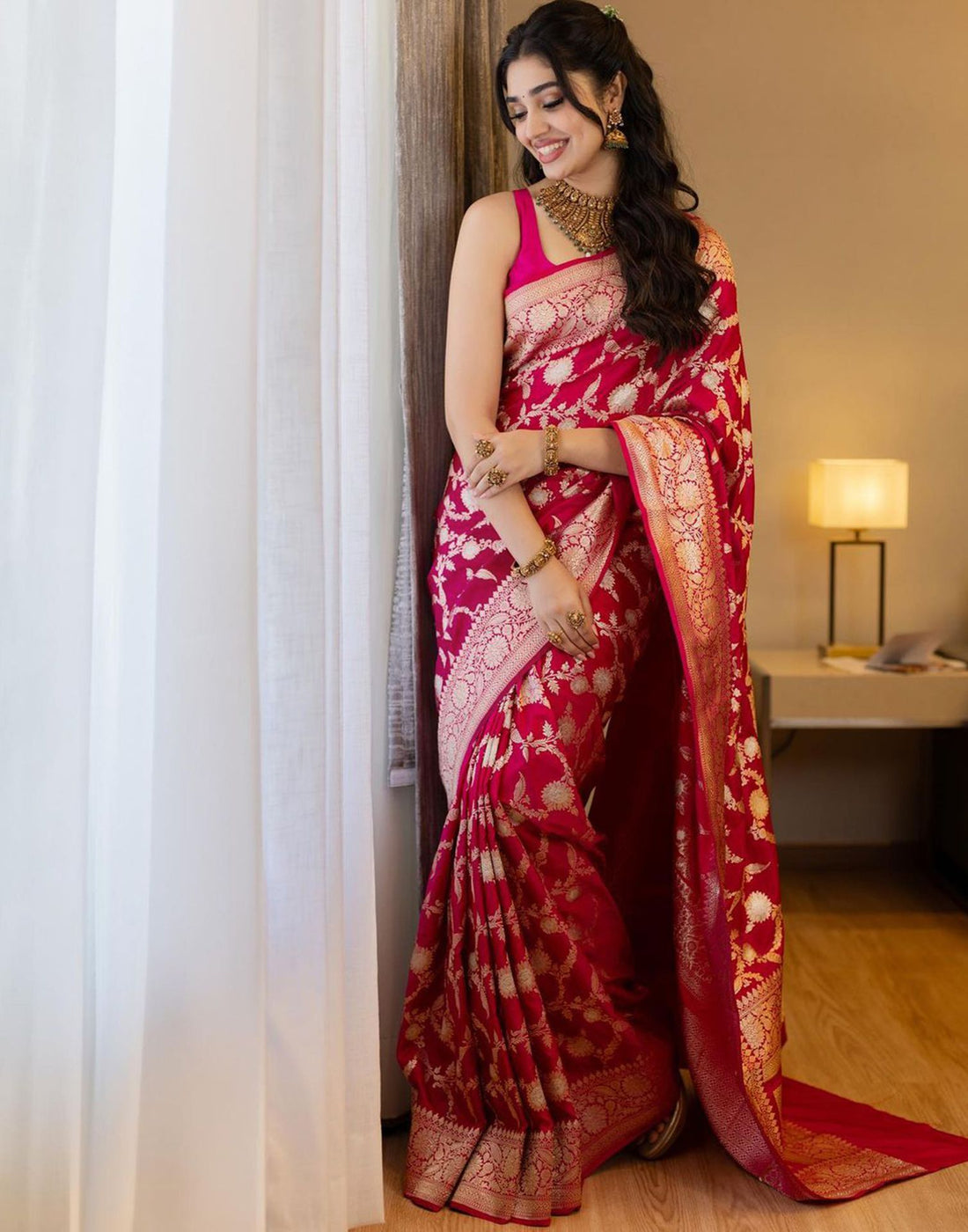 Deep Pink Plain Silk Saree