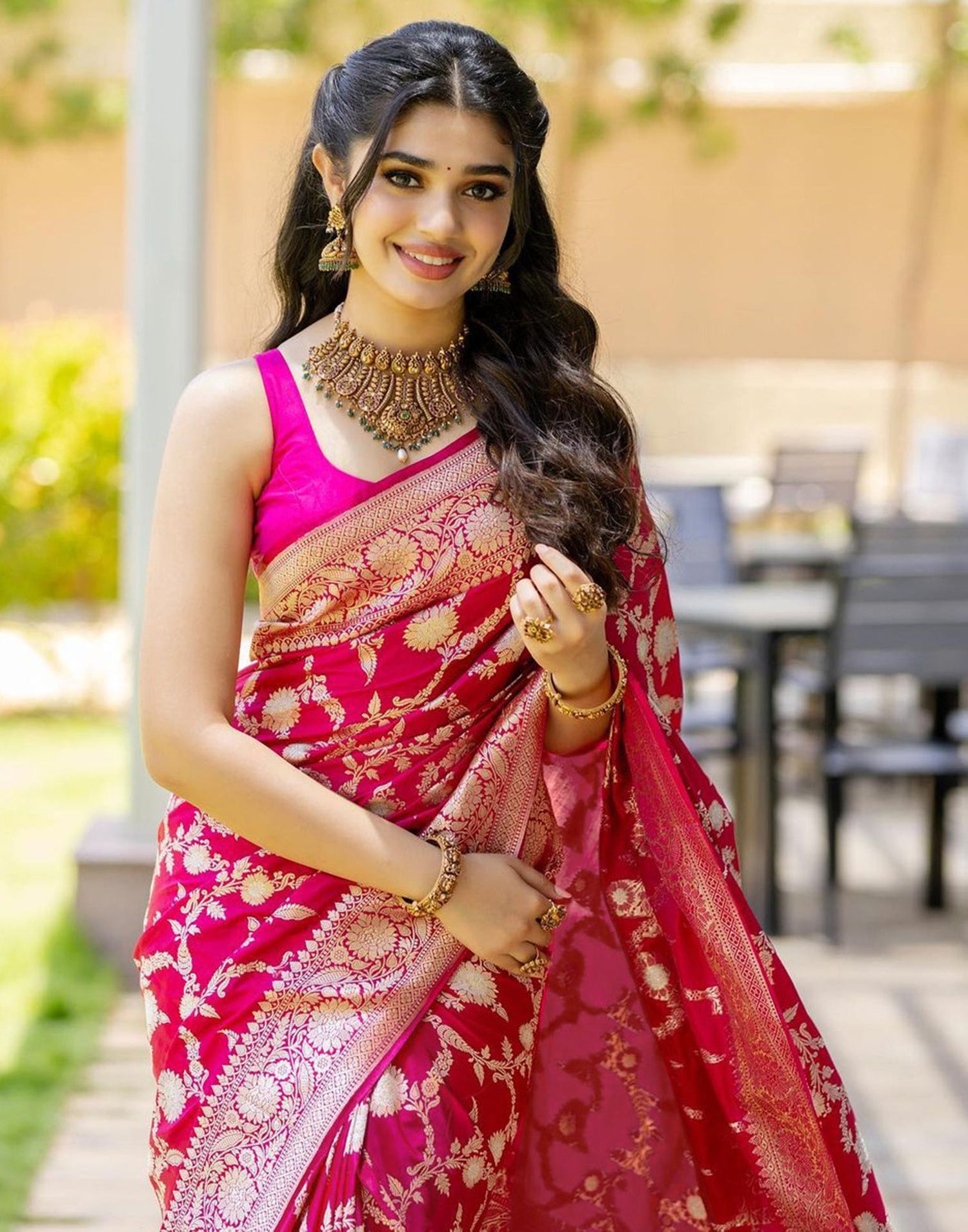 Deep Pink Plain Silk Saree