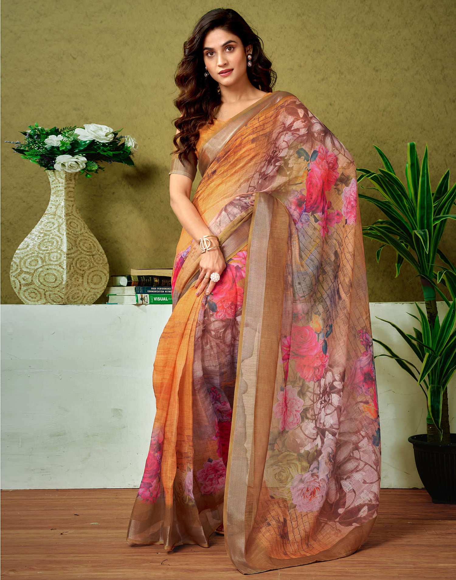 Ready To Wear Dusty Orange Linen Zari Printed Saree