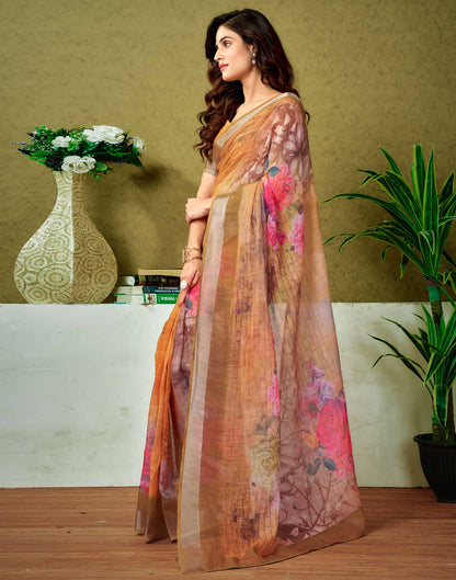 Ready To Wear Dusty Orange Linen Zari Printed Saree