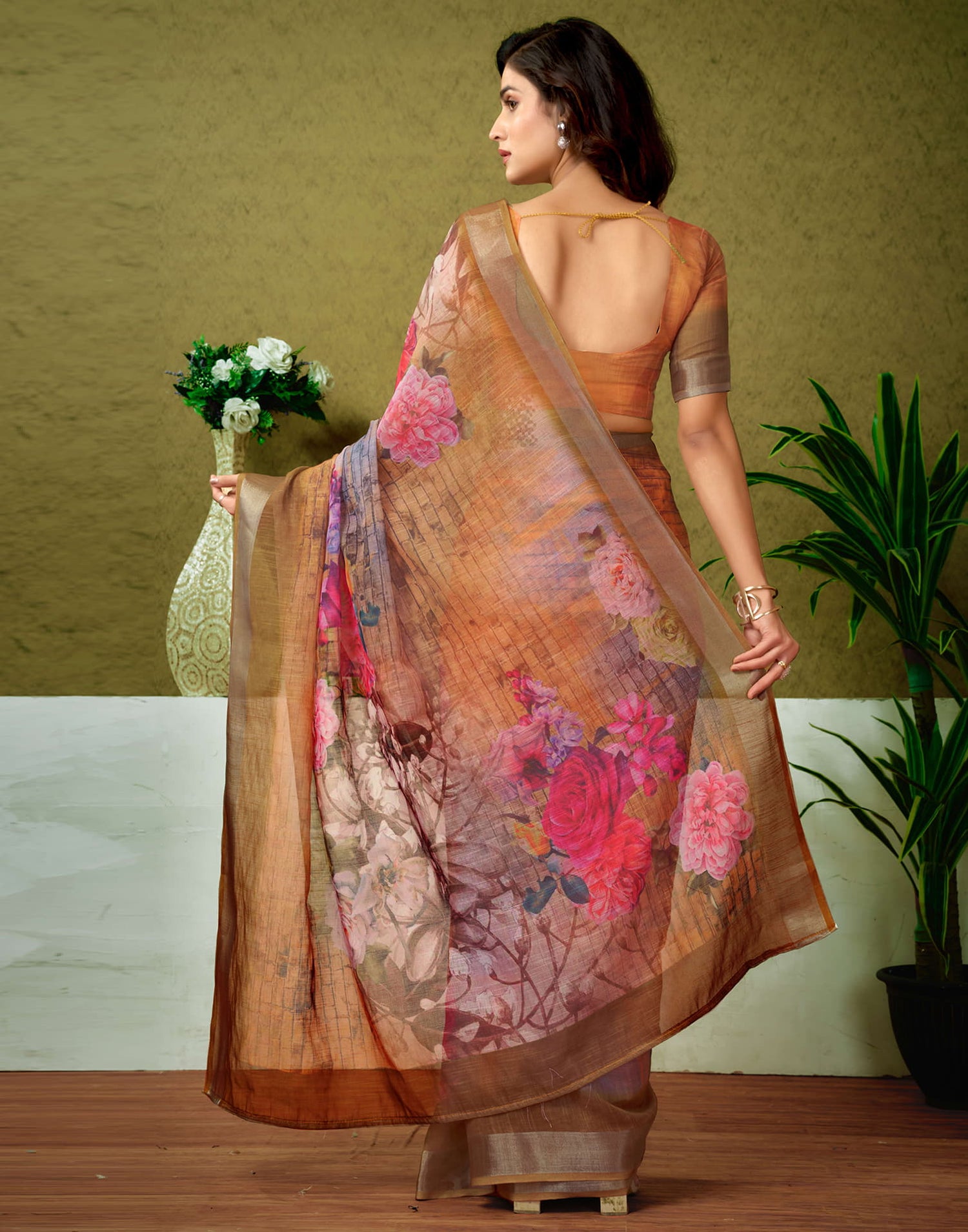 Ready To Wear Dusty Orange Linen Zari Printed Saree