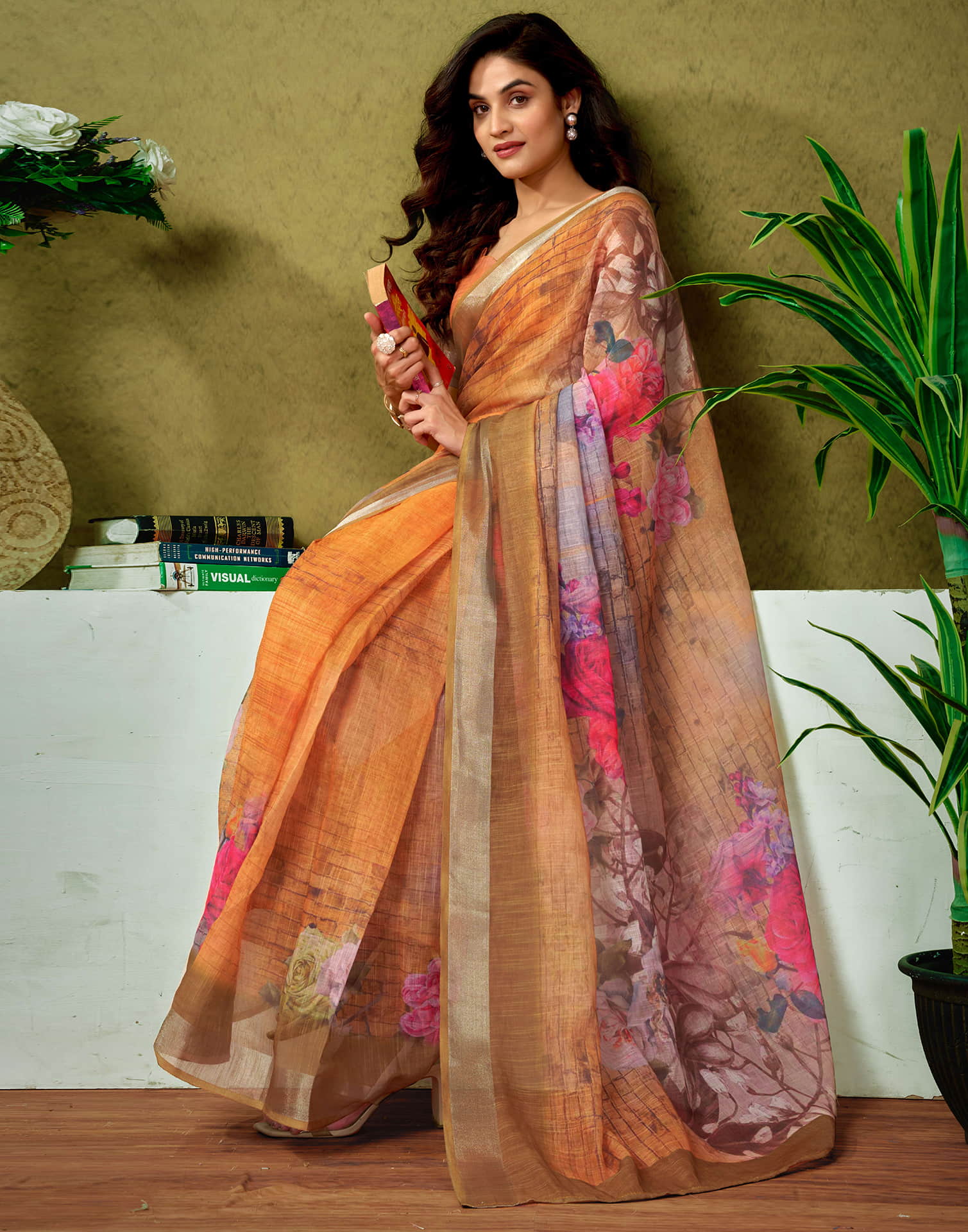 Ready To Wear Dusty Orange Linen Zari Printed Saree